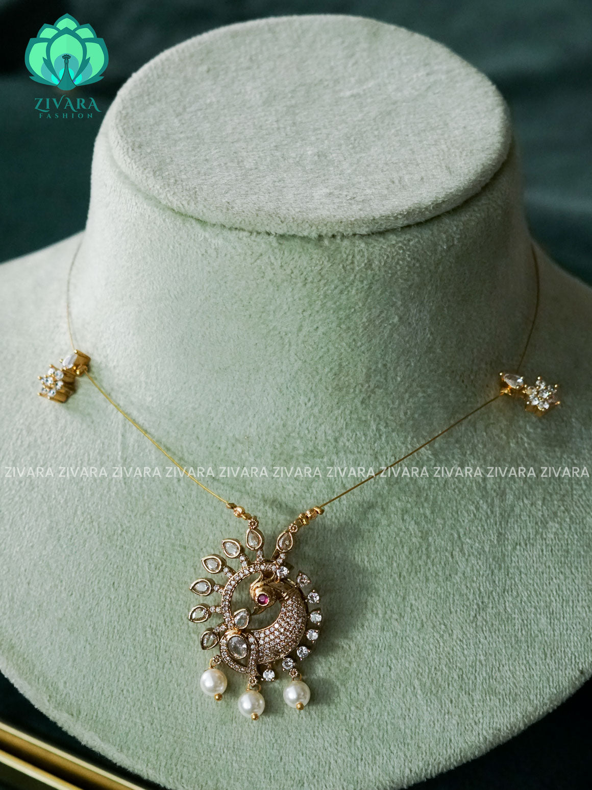KAMALI - WHITE PEACOCK - TAMARA  INVISIBLE MINIMAL ELEGANT HANDMADE NECKLACE WITH BRILLIANT FINISH MOTIFS- ZIVARA FASHION