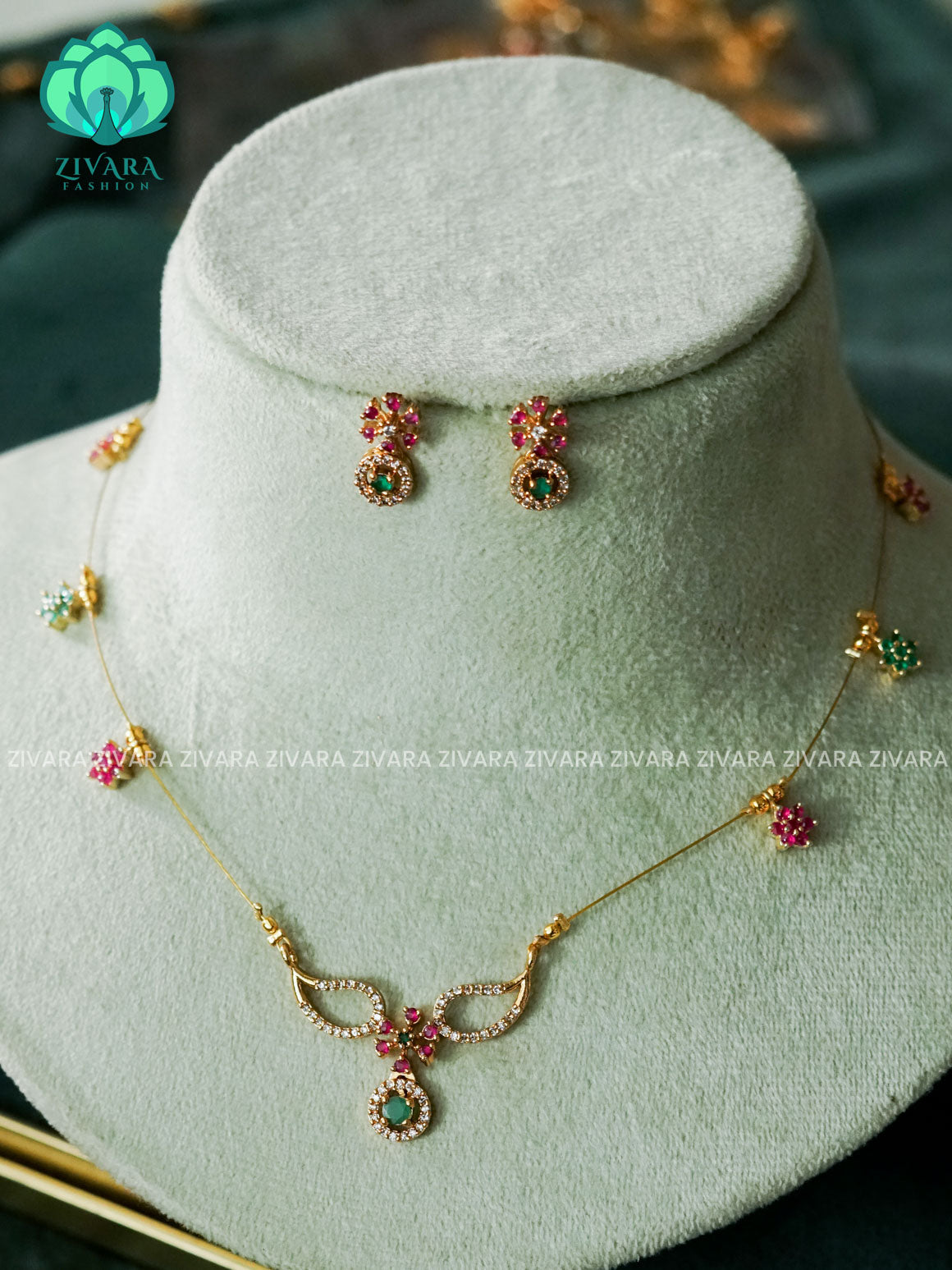 KAMALI - RUBY GREEN STAR TEAR PENDANT - TAMARA  INVISIBLE MINIMAL ELEGANT HANDMADE NECKLACE WITH BRILLIANT FINISH MOTIFS- ZIVARA FASHION