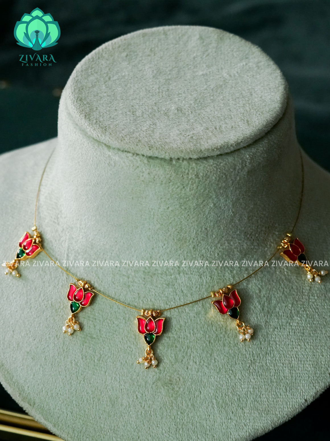 KAMALI - Pink and green LOTUS - TAMARA  INVISIBLE MINIMAL ELEGANT HANDMADE NECKLACE WITH BRILLIANT FINISH MOTIFS- ZIVARA FASHION