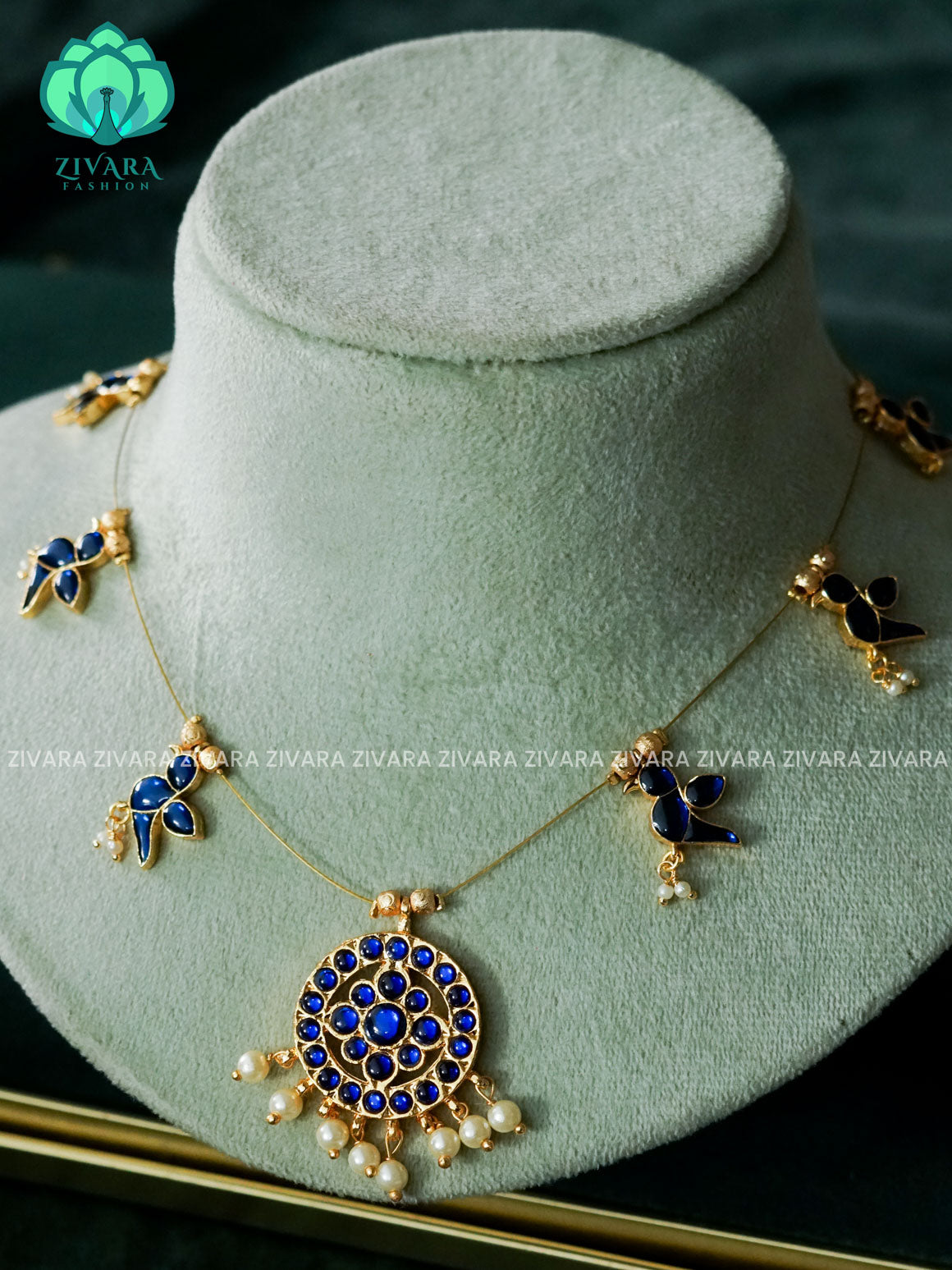 KAMALI - BLUE DOLLOR WITH PARROT - TAMARA  INVISIBLE MINIMAL ELEGANT HANDMADE NECKLACE WITH BRILLIANT FINISH MOTIFS- ZIVARA FASHION