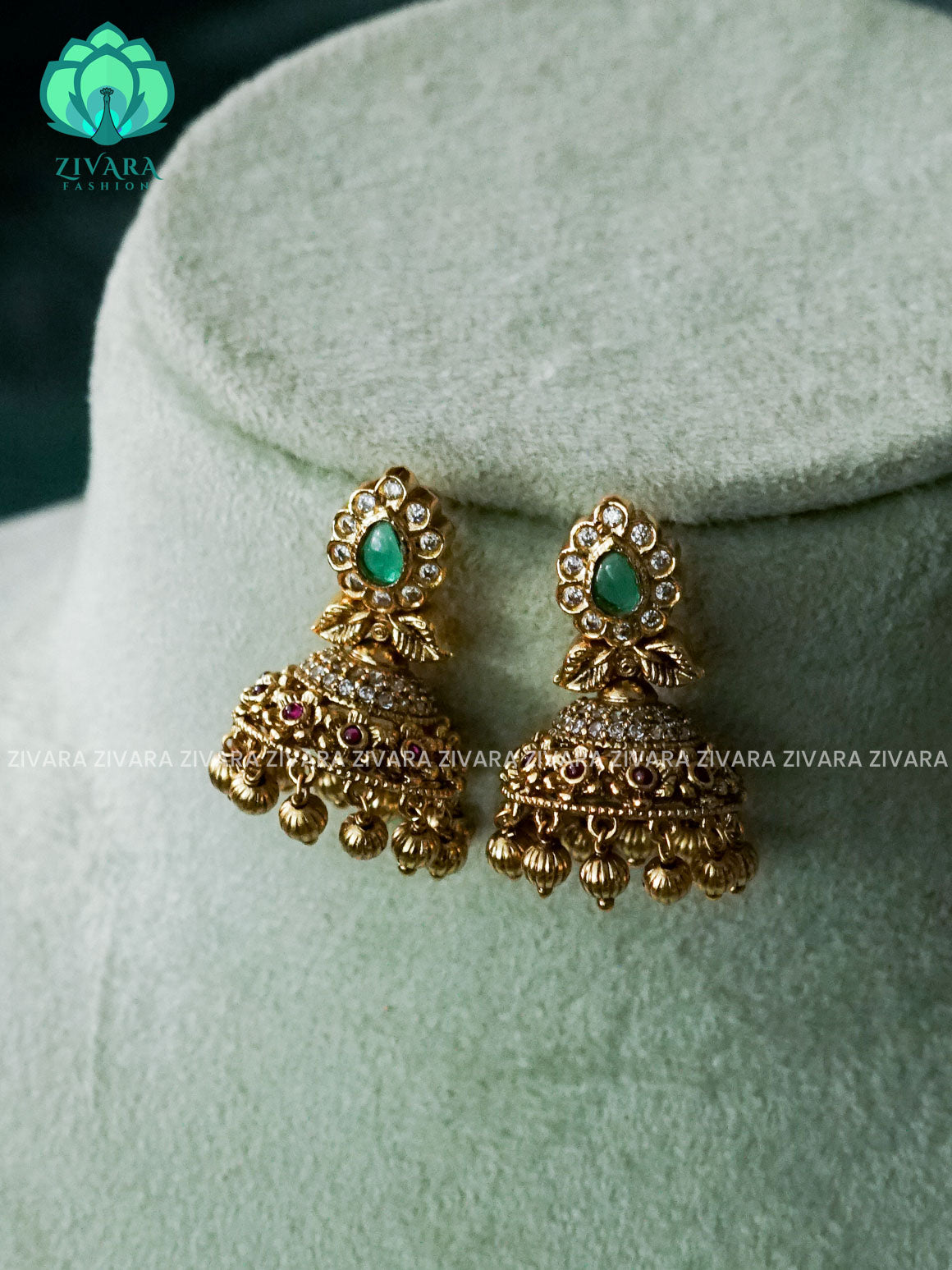 GREEN STONE REAL KEMP  Hotselling jhumka - latest trending collection - zivara fashion