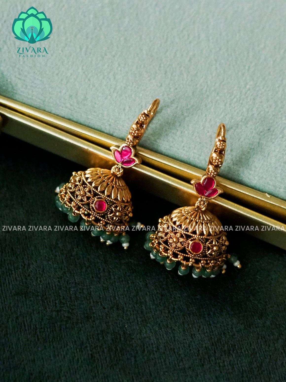 JADAU STONE HOOK JHUMKA WITH GREEN BEADS HANGINGS - TRADITIONAL PREMIUM MATTE  polish JHUMKA- latest jewellery collection- zivara fashion