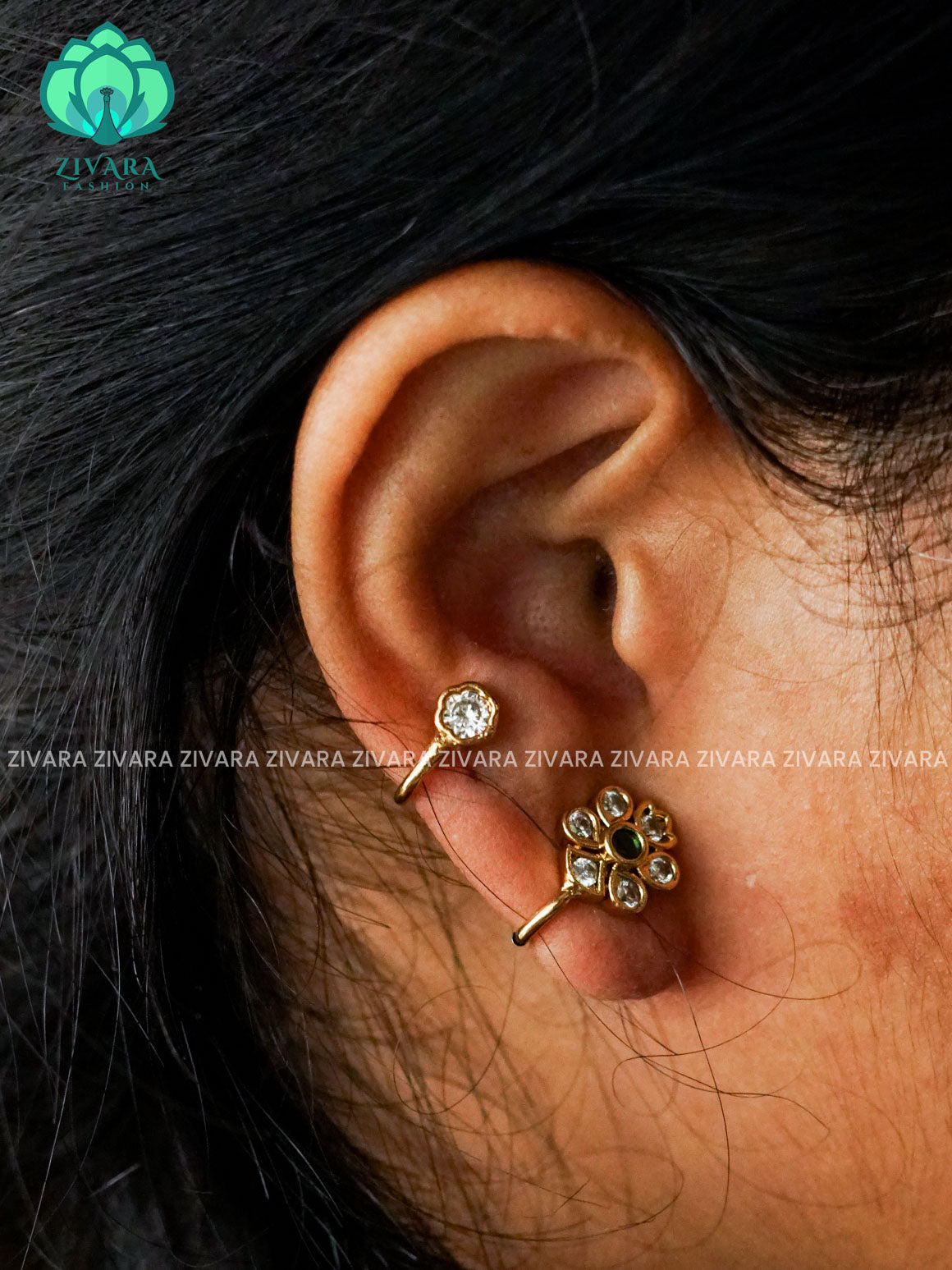 GREEN STONE FLOWER EARCUFF-STYLE -  latest jewellery collection- zivara fashion