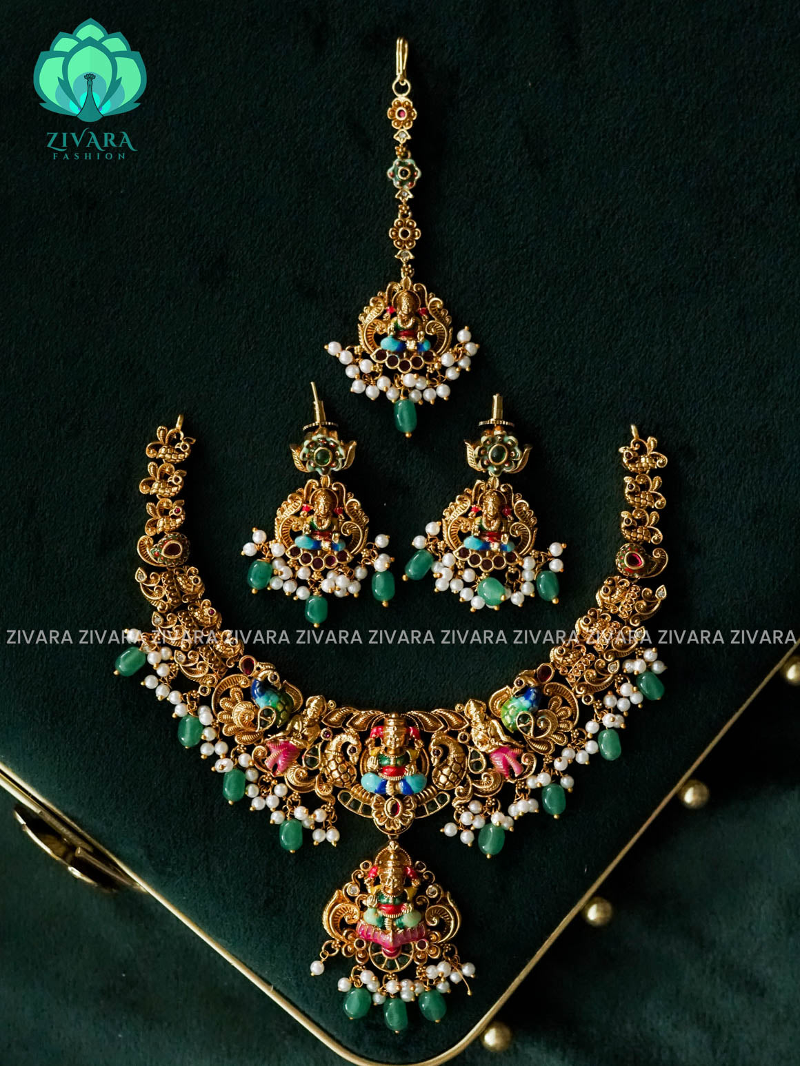 MADHURYA -  PEACOCK HANDPAINTED NECKWEAR - Traditional south indian premium neckwear with earrings and chutti /tikka - Zivara Fashion- latest jewellery design