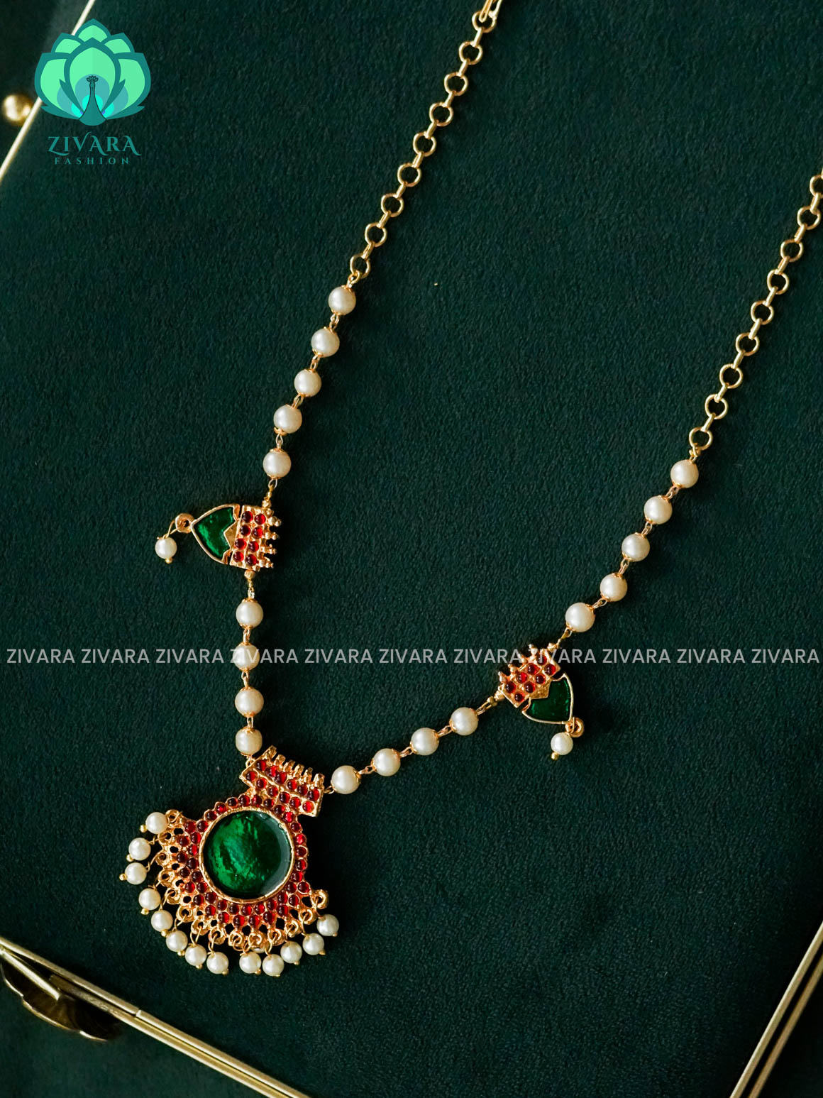ANANYA SERIES - GREEN ENAMEL PALAKKAD PEARL CHAIN - HANDMADE neckwear -  latest kemp dance jewellery collection