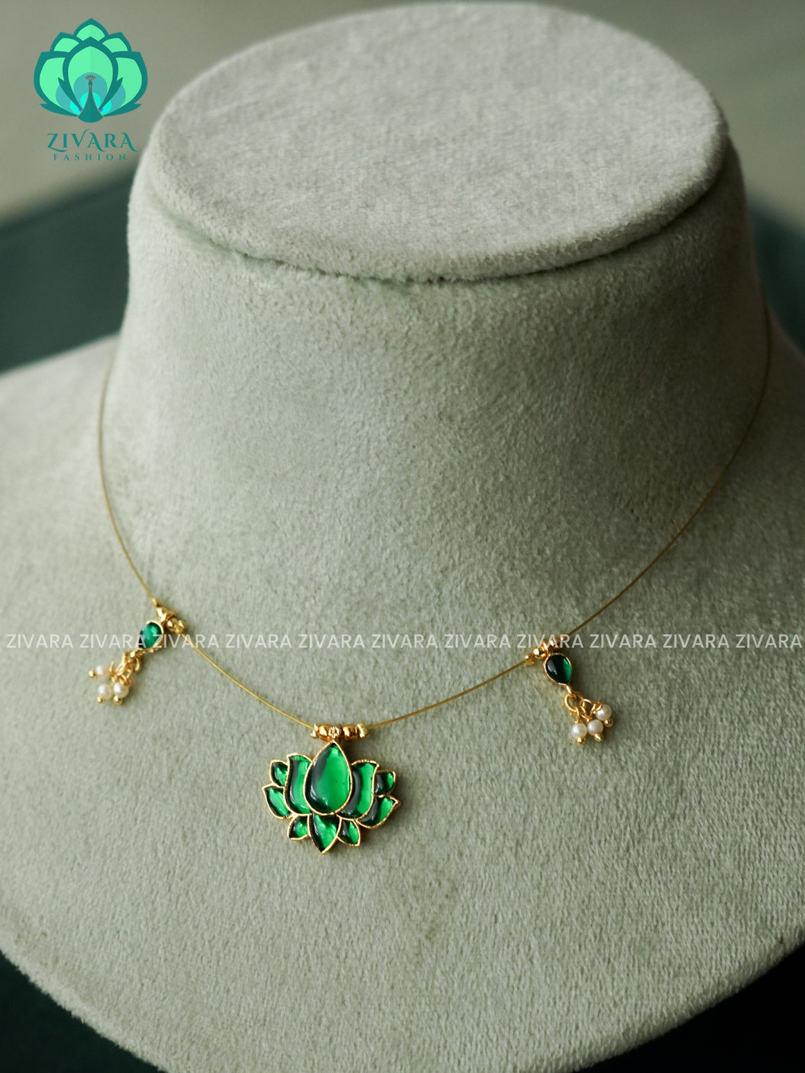 KAMALI - GREEN LOTUS WITH SMALL SIZE TEAR - TAMARA  INVISIBLE MINIMAL ELEGANT HANDMADE NECKLACE WITH BRILLIANT FINISH MOTIFS- ZIVARA FASHION