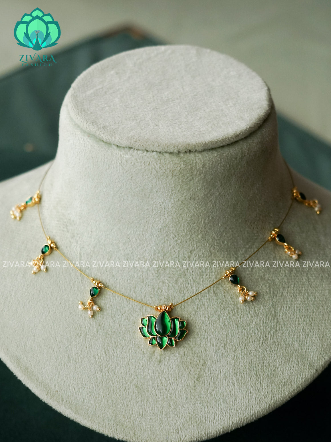 KAMALI - GREEN LOTUS WITH SMALL SIZE TEAR - TAMARA  INVISIBLE MINIMAL ELEGANT HANDMADE NECKLACE WITH BRILLIANT FINISH MOTIFS- ZIVARA FASHION