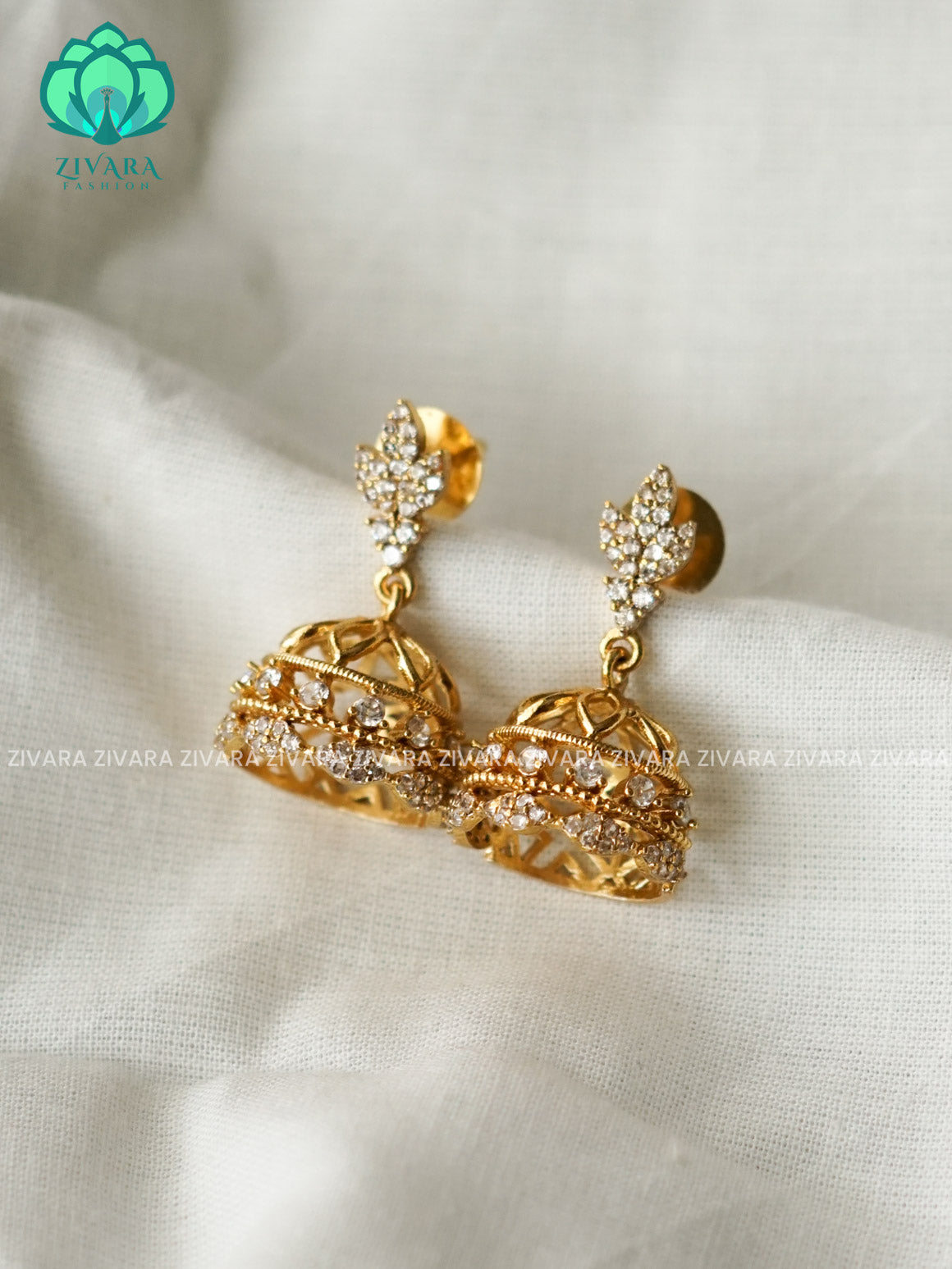 WHITE STONE  MEDIUM SIZE  JHUMKA - TRADITIONAL PREMIUM GOLD  polish JHUMKA- latest jewellery collection- zivara fashion