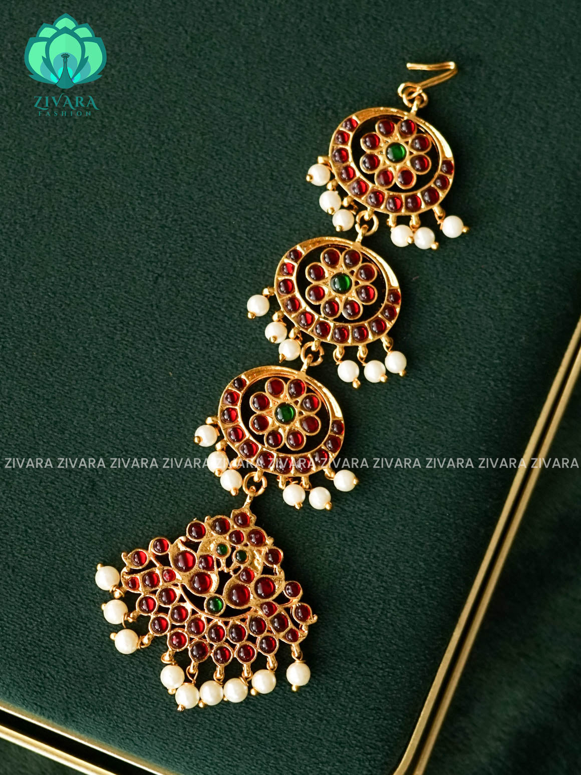 RED AND GREEN-SAKTHI -TRADITIONAL KEMP CHUTTI/TIKKA  - latest kemp dance jewellery collection