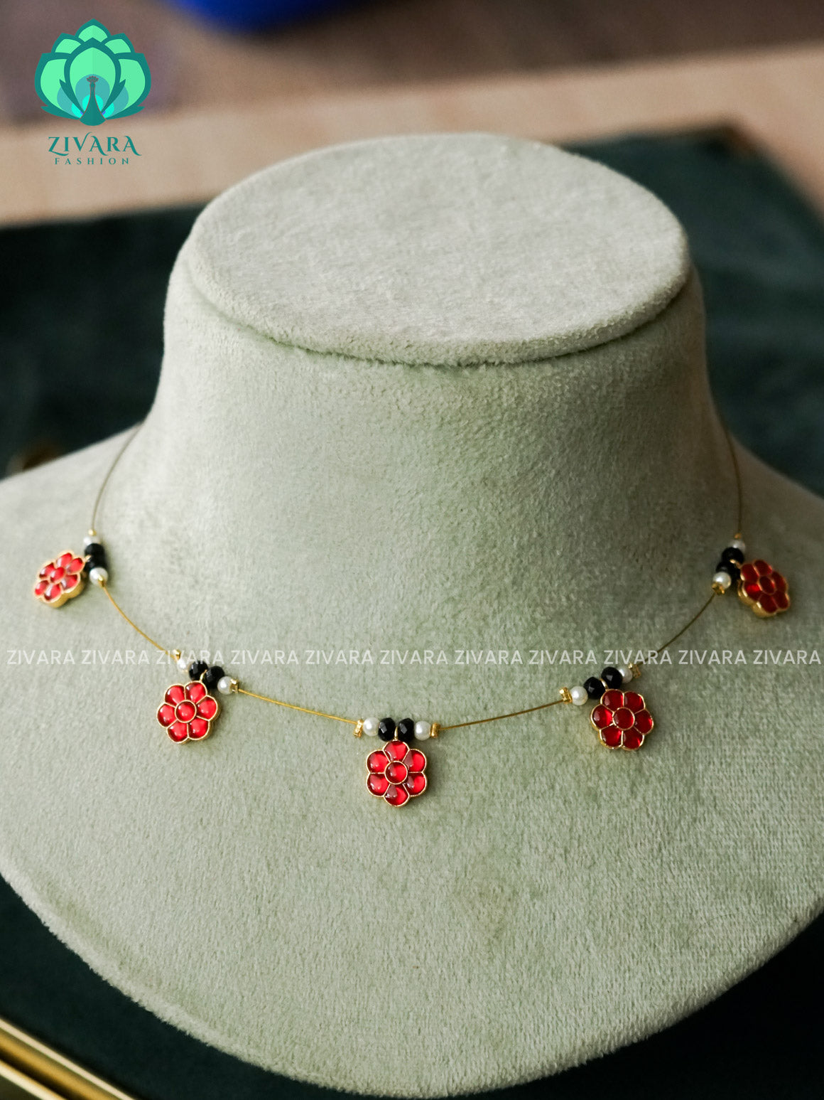 KAMALI - RUBY FLOWER - TAMARA  INVISIBLE MINIMAL ELEGANT HANDMADE NECKLACE WITH BRILLIANT FINISH MOTIFS- ZIVARA FASHION