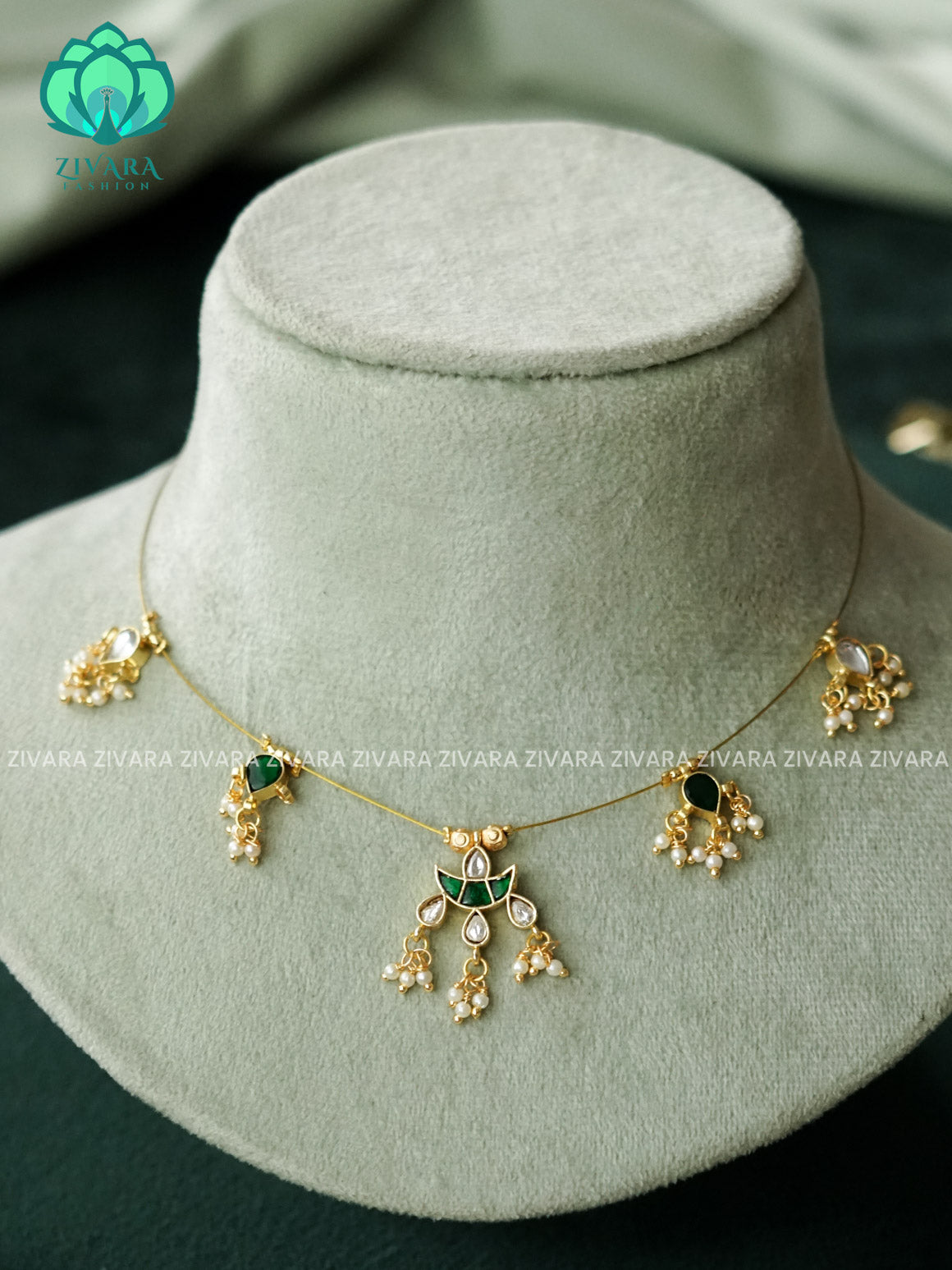 KAMALI - GREEN TEAR WITH  HANGING BEADS - TAMARA  INVISIBLE MINIMAL ELEGANT HANDMADE NECKLACE WITH BRILLIANT FINISH MOTIFS- ZIVARA FASHION