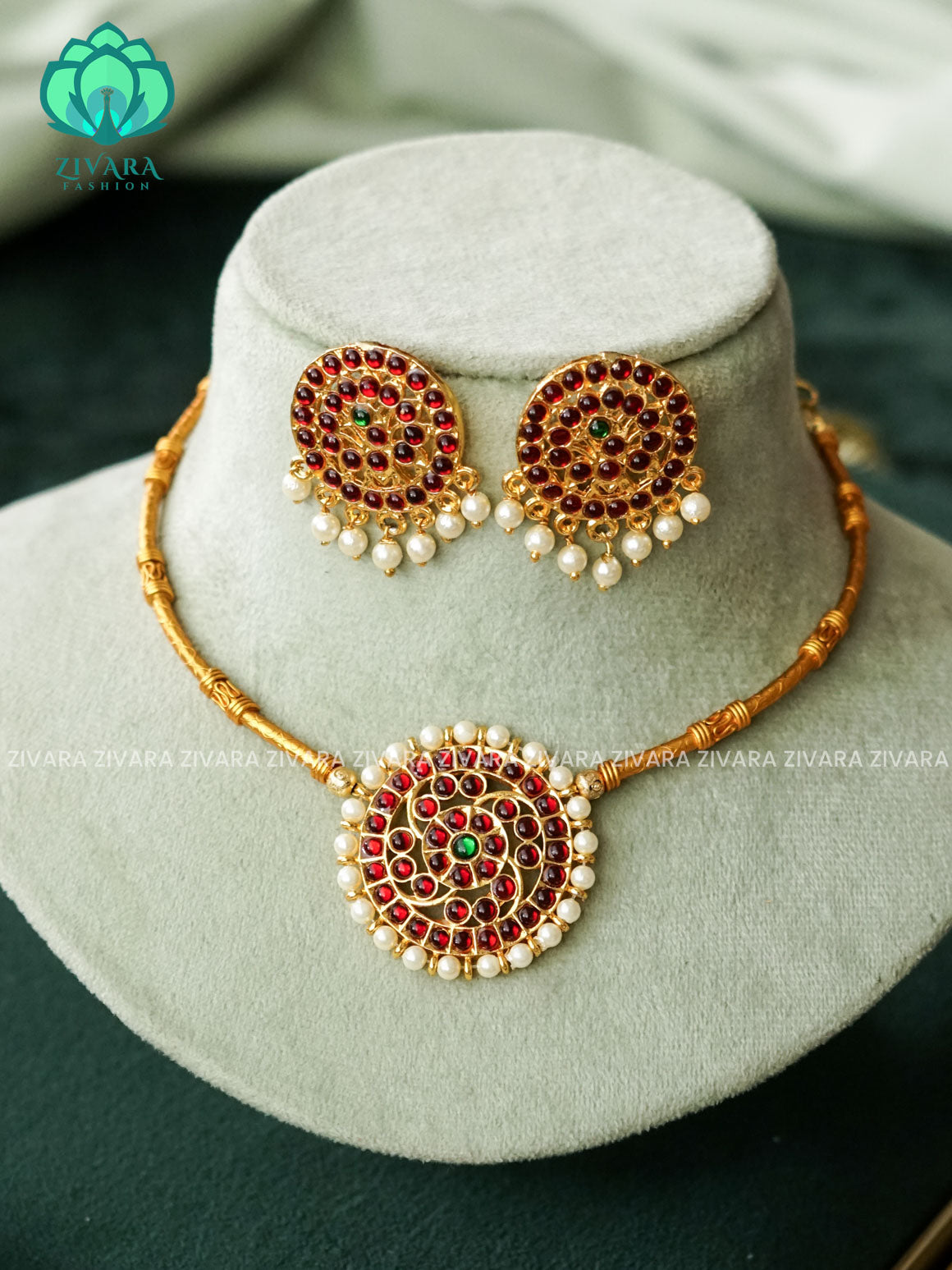 Red and green - Kalini- Kemp pipe Neckwear with earrings - south indian customised fusion jewellery