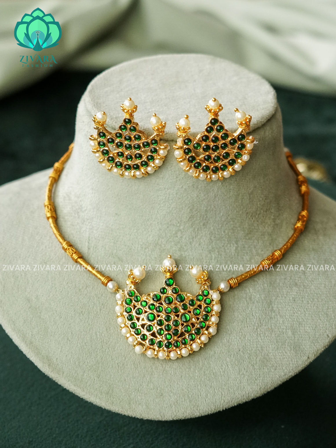 GREEN MOON - Kalini- Kemp pipe Neckwear with earrings - south indian customised fusion jewellery