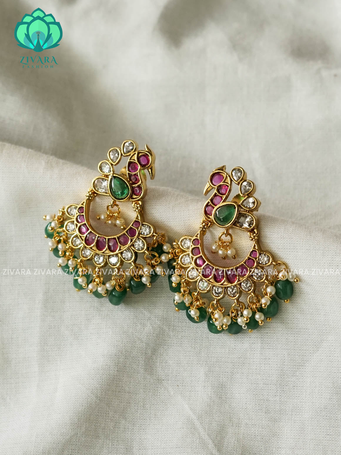 DIYA - PEACOCK  REAL KEMP BALI  -  PREMIUM MATTE polish BALI- latest jewellery collection- zivara fashion