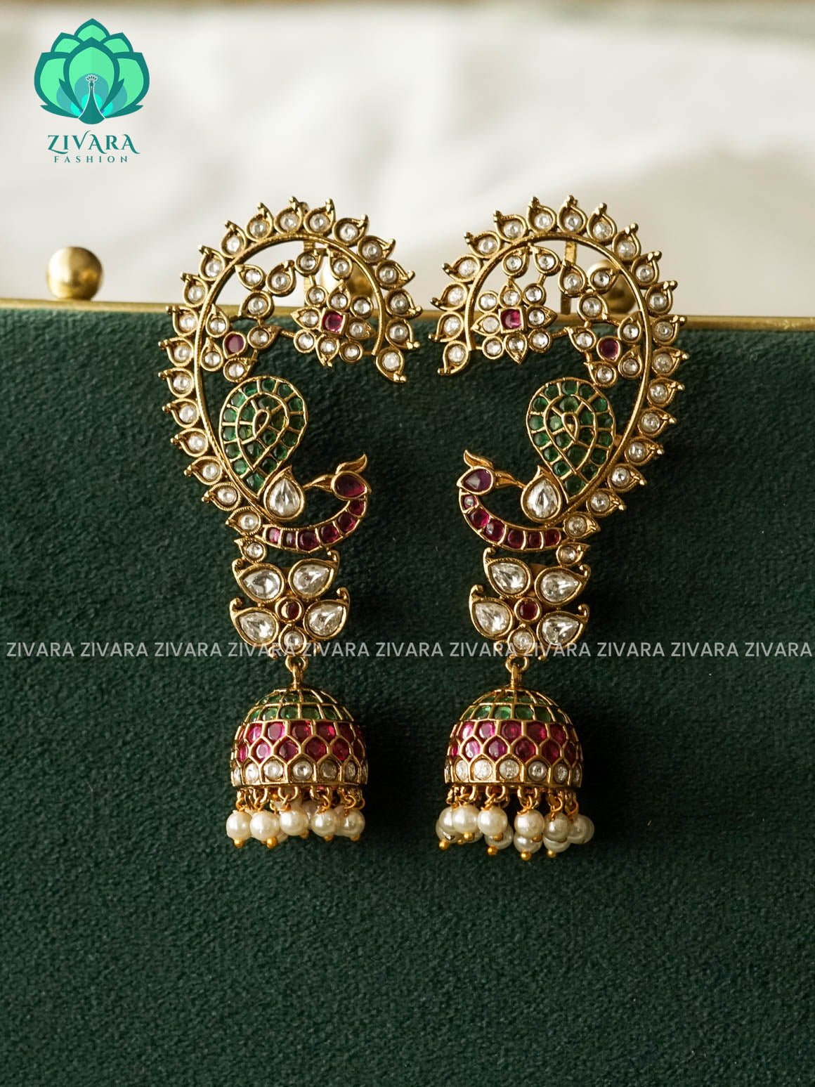 RUBY WHITE  REAL KEMP STONE PEACOCK EARCUFF JHUMKA - latest jewellery collection- zivara fashion