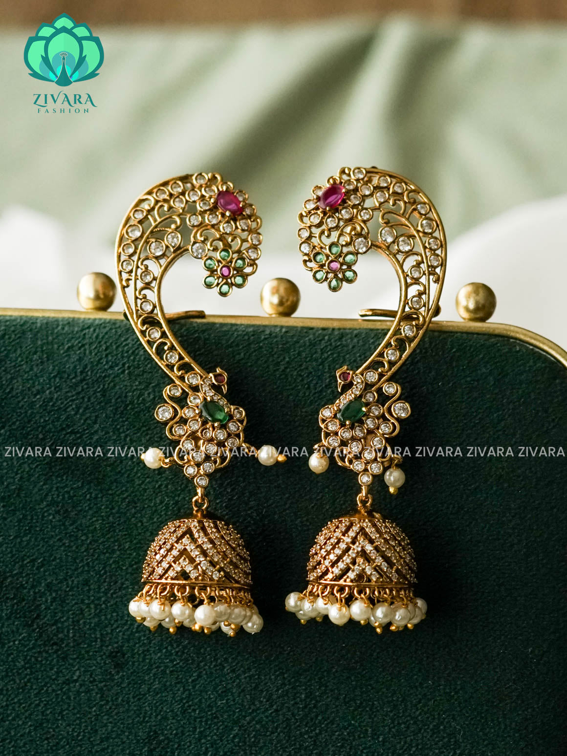 RUBY GREEN  PEACOCK EARCUFF JHUMKA - latest jewellery collection- zivara fashion