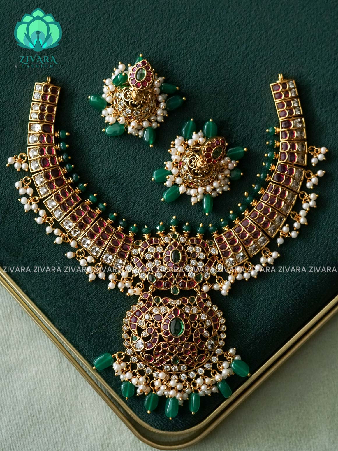 AKSHAYAM - GREEN BEADS PEACOCK HEAVY REAL KEMP  BRIDAL HASLI -Traditional south indian premium neckwear with earrings- Zivara Fashion- latest jewellery design