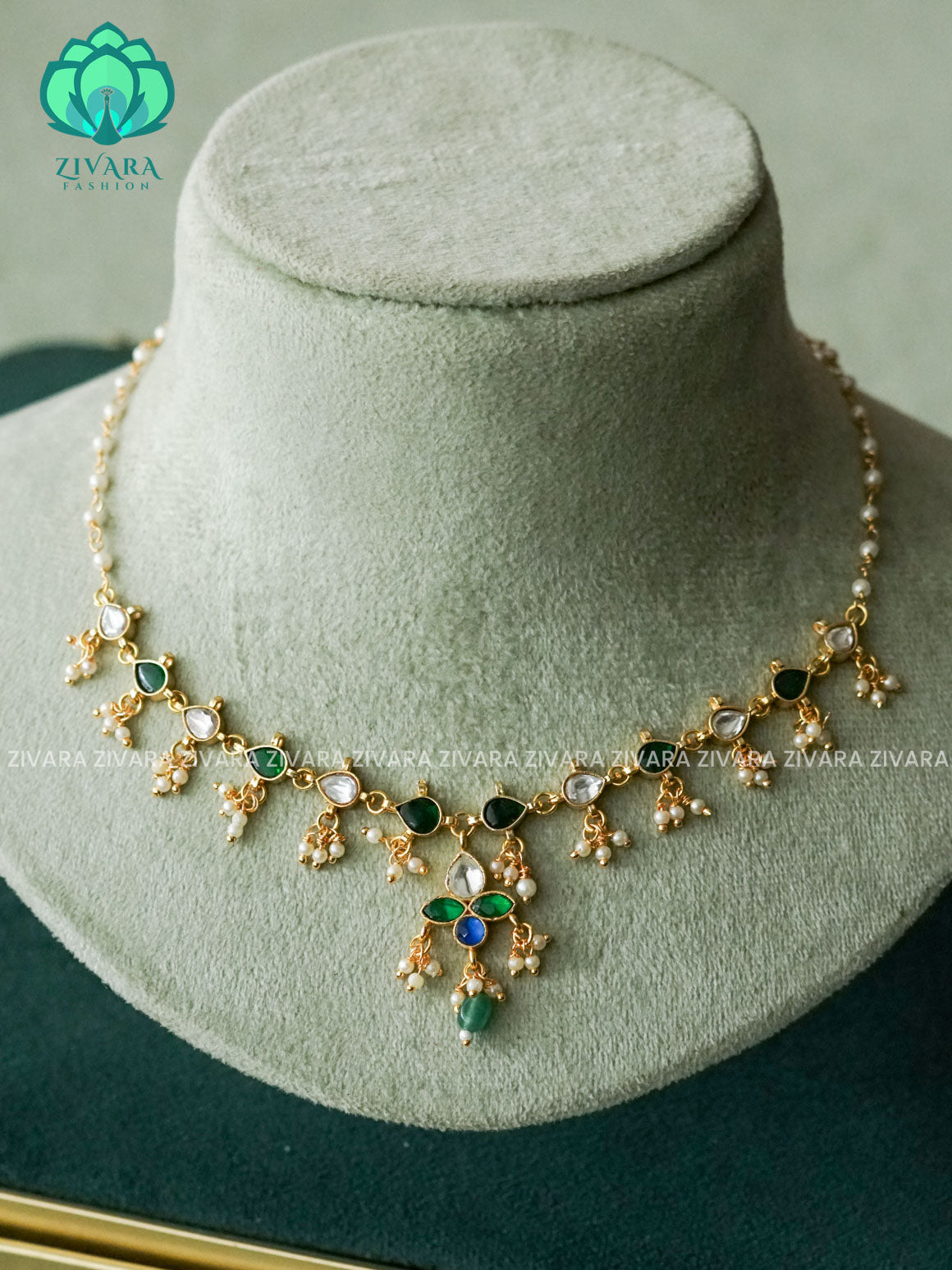 KAMALI -PEARL LINK WITH TEAR HANGING- TAMARA  INVISIBLE MINIMAL ELEGANT HANDMADE NECKLACE WITH BRILLIANT FINISH MOTIFS- ZIVARA FASHION