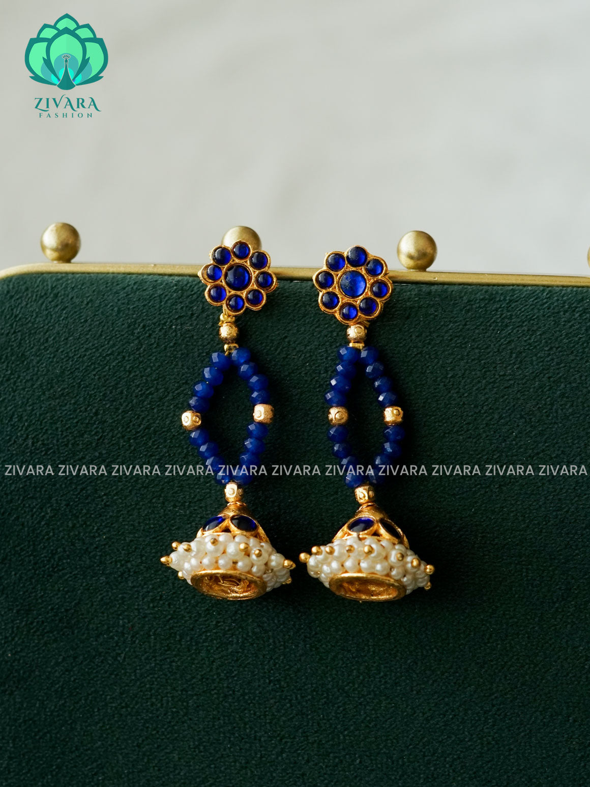 BLUE BEADS  -TRADITIONAL KEMP SINGLE LINE STONE JHUMKA - latest kemp dance jewellery collection