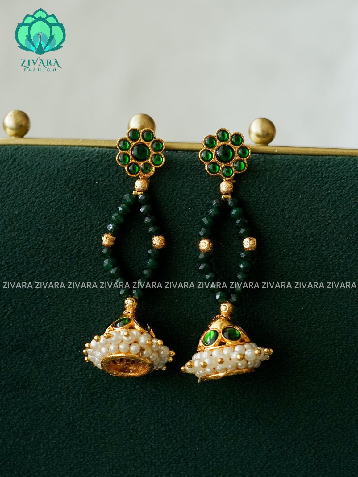 GREEN BEADS  -TRADITIONAL KEMP SINGLE LINE STONE JHUMKA - latest kemp dance jewellery collection