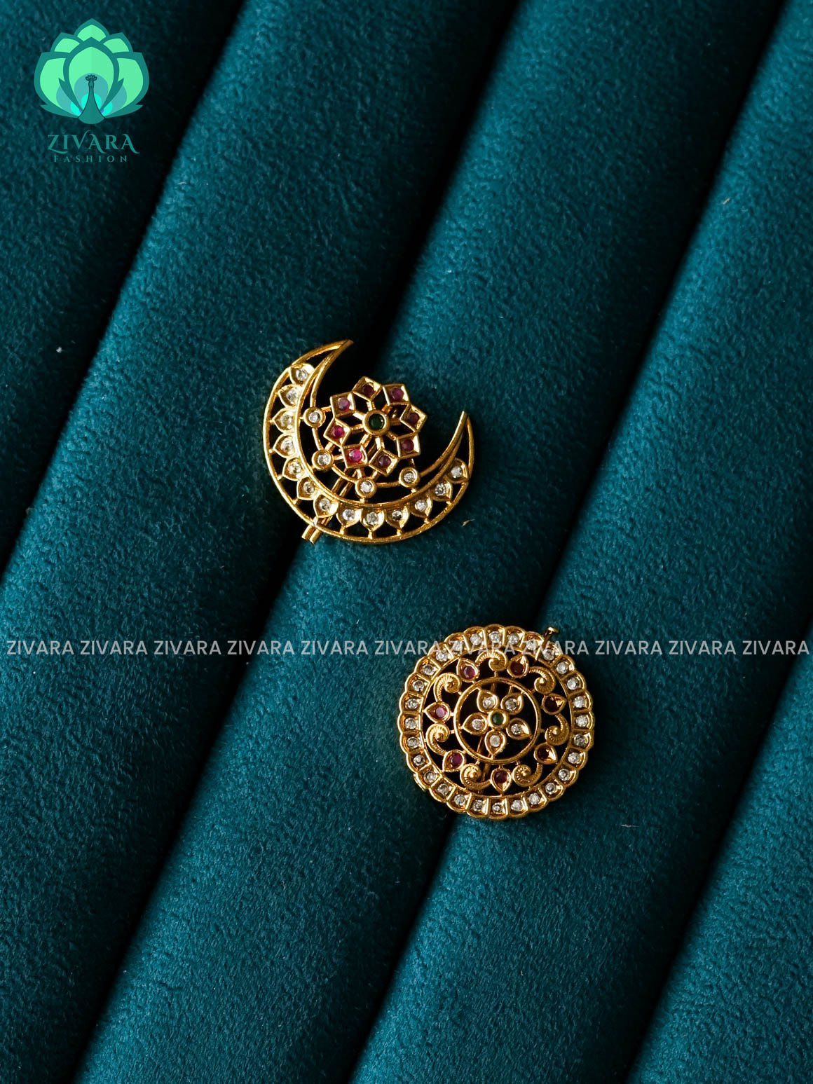 RUBY and GREEN -SUN MOON - SURYA CHANDRA - TRADITIONAL(2 INCHES) REAL KEMP  HAIR ACCESSORIES- ZIVARA FASHION