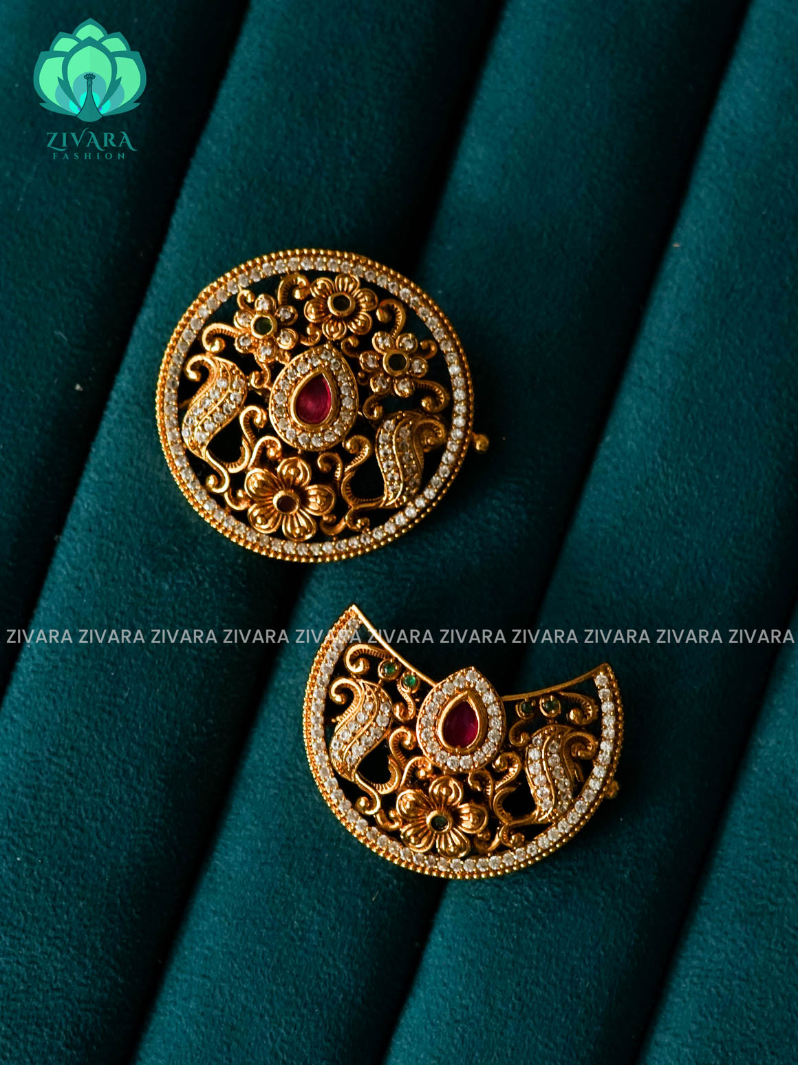 RUBY and GREEN -SUN MOON - SURYA CHANDRA - TRADITIONAL(1.5 INCHES) REAL KEMP  HAIR ACCESSORIES- ZIVARA FASHION