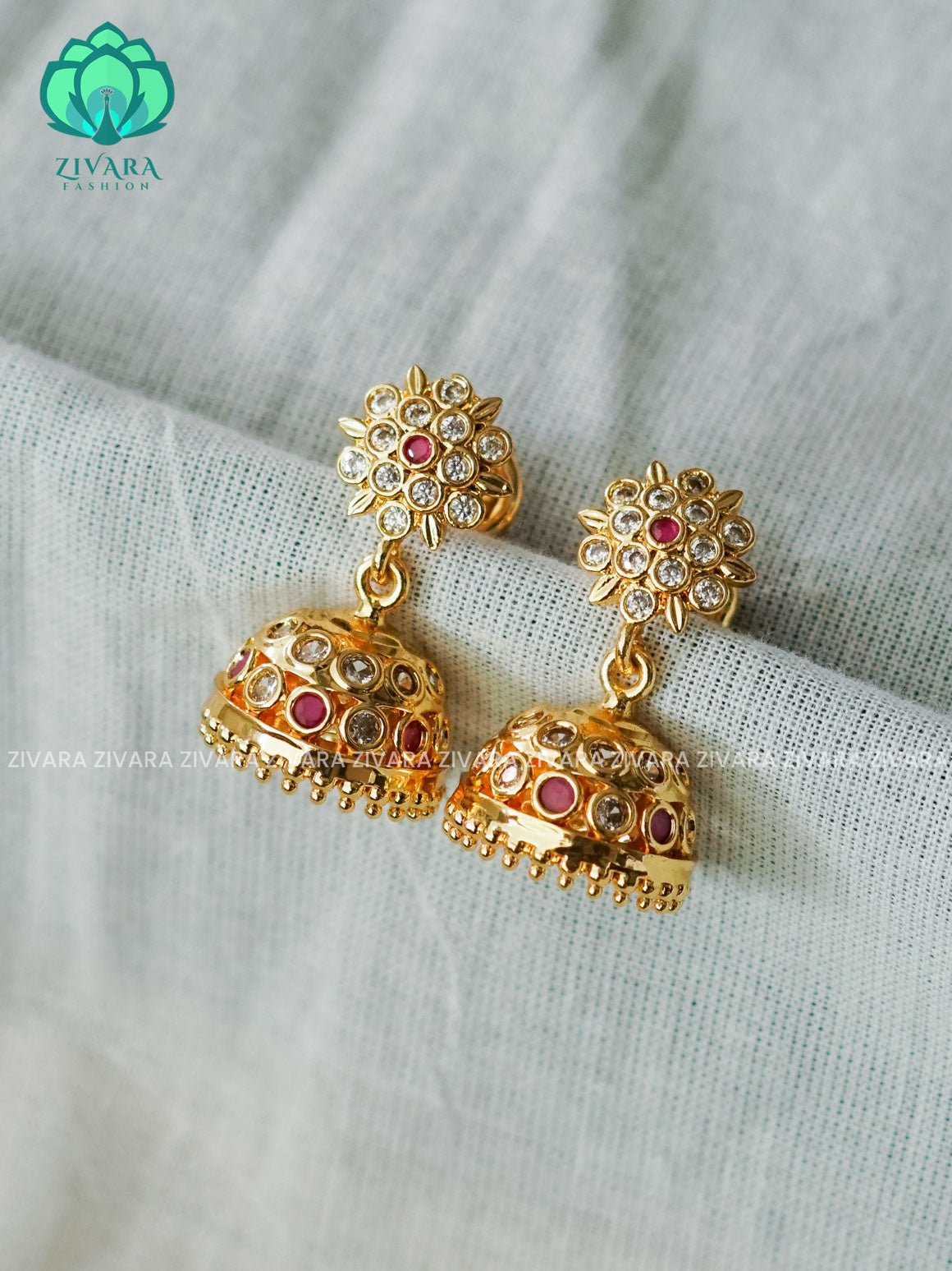 AMBIGAI - WHITE STONE MOTIF FREE MICROGOLD POLISH  JHUMKAS - Zivara Fashion- latest jewellery design