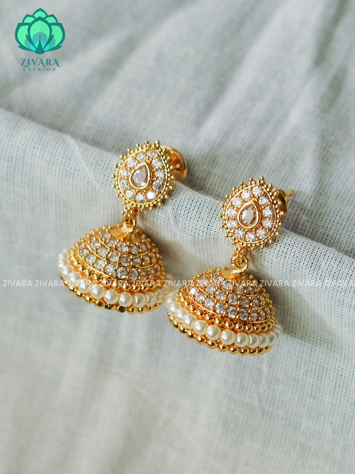 WHITE STONE JHUMKA - TRADITIONAL PREMIUM MATTE  polish JHUMKA- latest jewellery collection- zivara fashion (Copy)