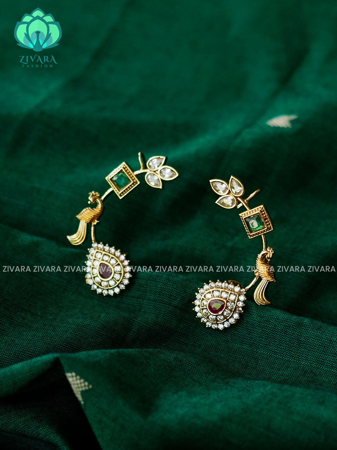 REAL KEMP PEACOCK SEMI EARCUFF latest jewellery collection- zivara fashion