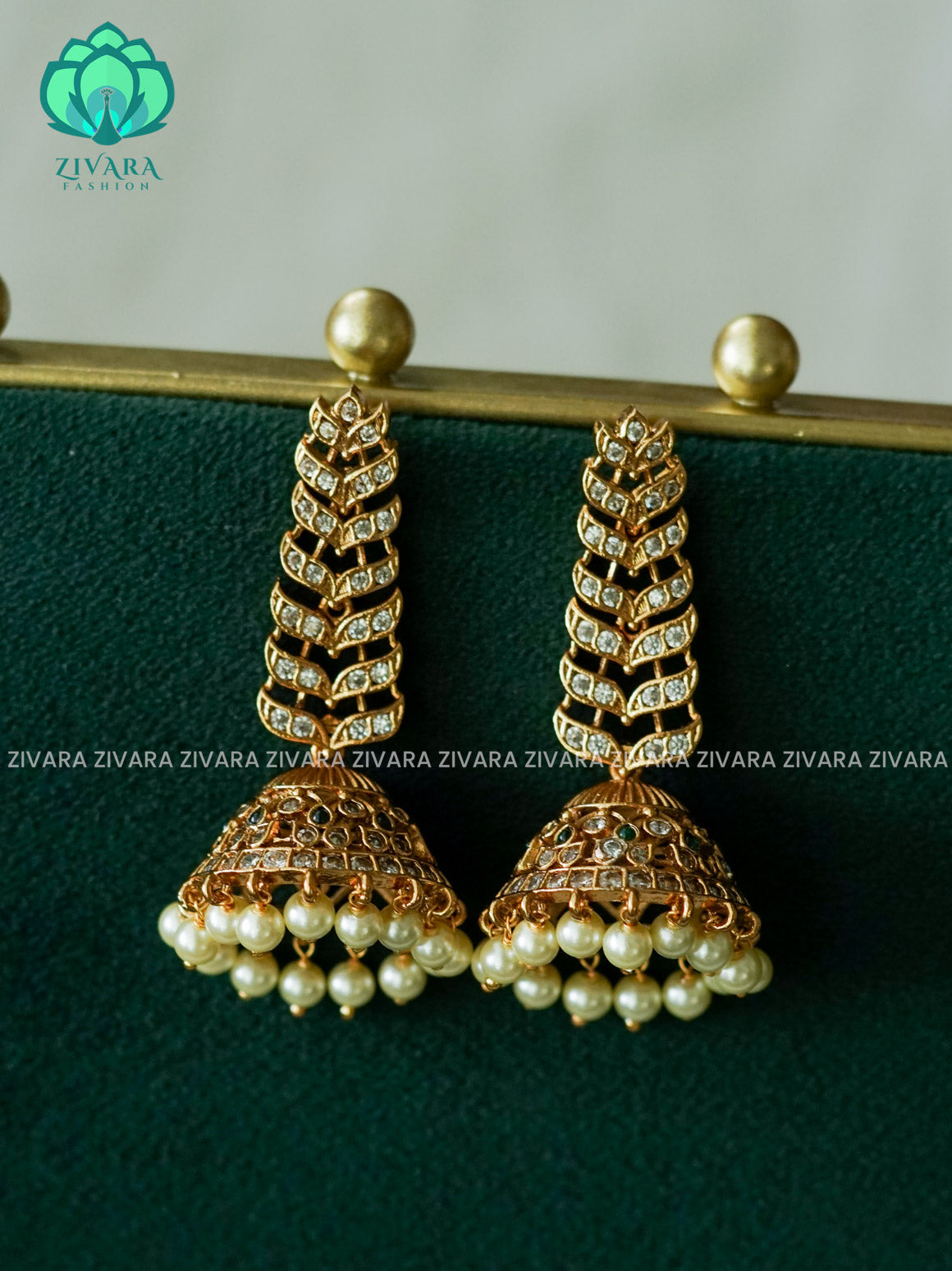 WHITE STONE WITH WHITE BEADS HANGINGS - TRADITIONAL PREMIUM MATTE  polish JHUMKA- latest jewellery collection- zivara fashion (Copy)