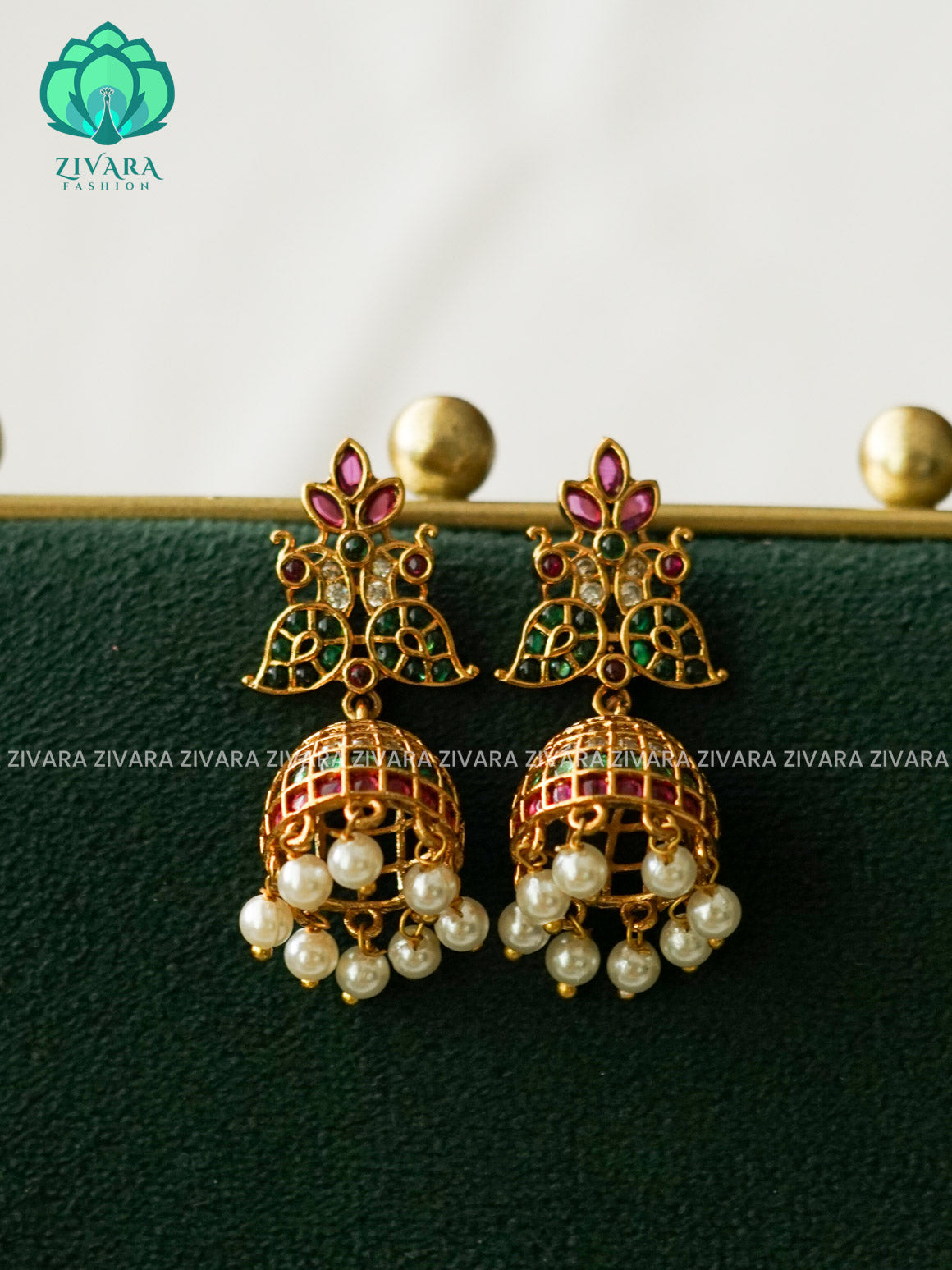 DIYA - REAL KEMP medium size PEACOCK JHUMKA - TRADITIONAL PREMIUM MATTE  polish JHUMKA- latest jewellery collection- zivara fashion