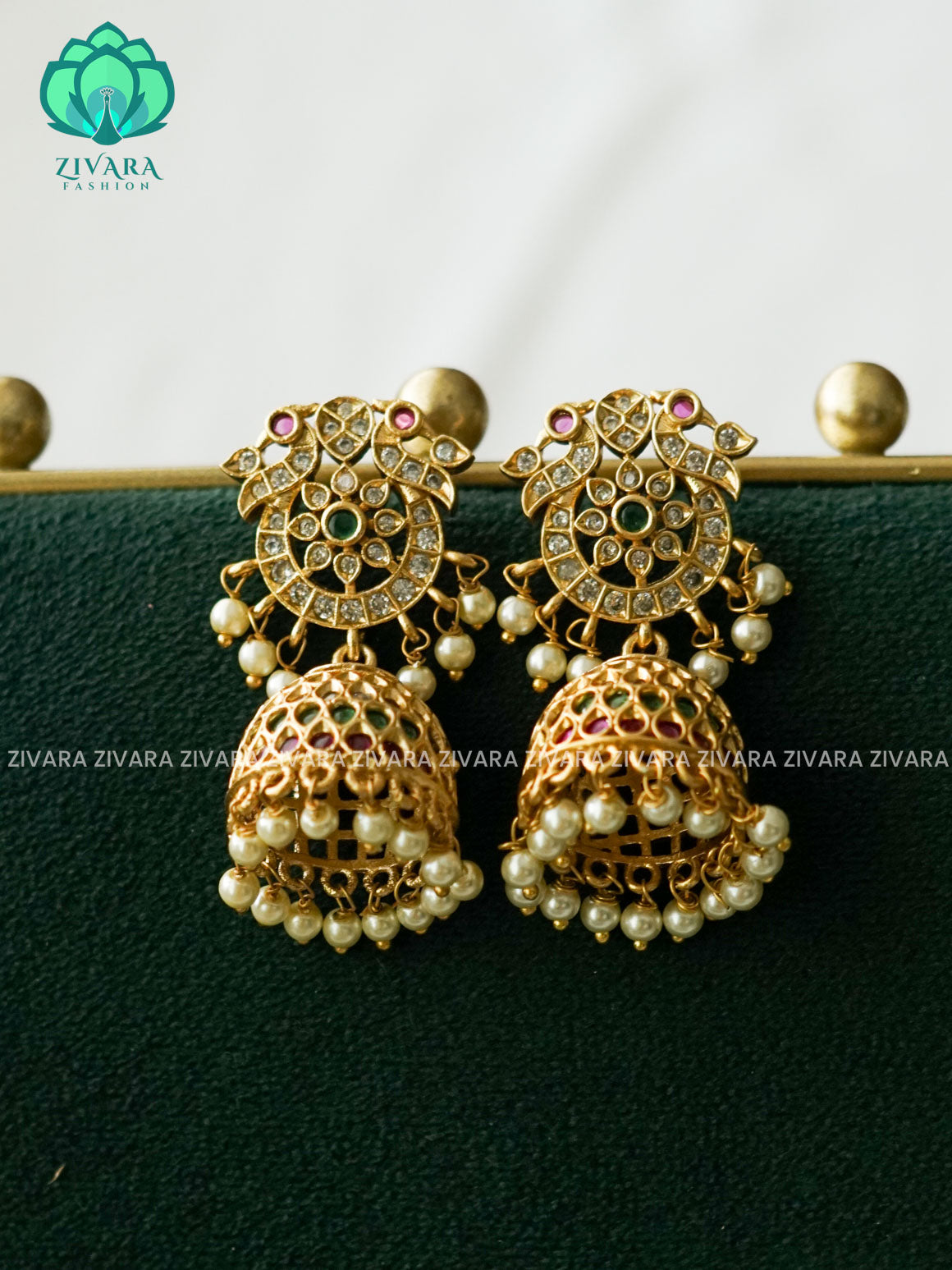 RUBY GREEN REAL KEMP STONE PEACOCK JHUMKA- Bridal PREMIUM MATTE  polish JHUMKA- latest jewellery collection- zivara fashion