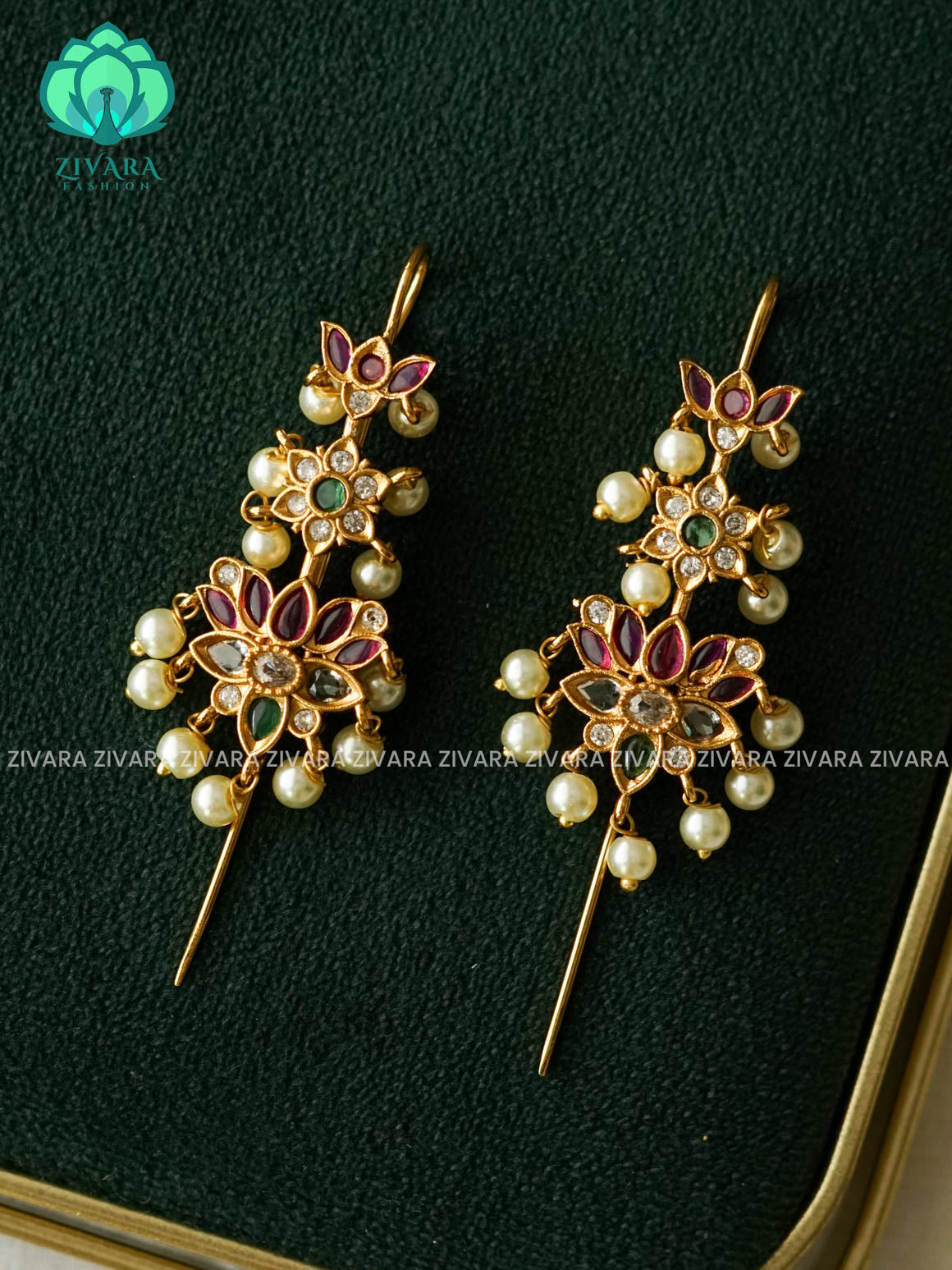LOTUS NEEDEL EARRINGS WITH HANGING BEADS - latest jewellery collection- zivara fashion