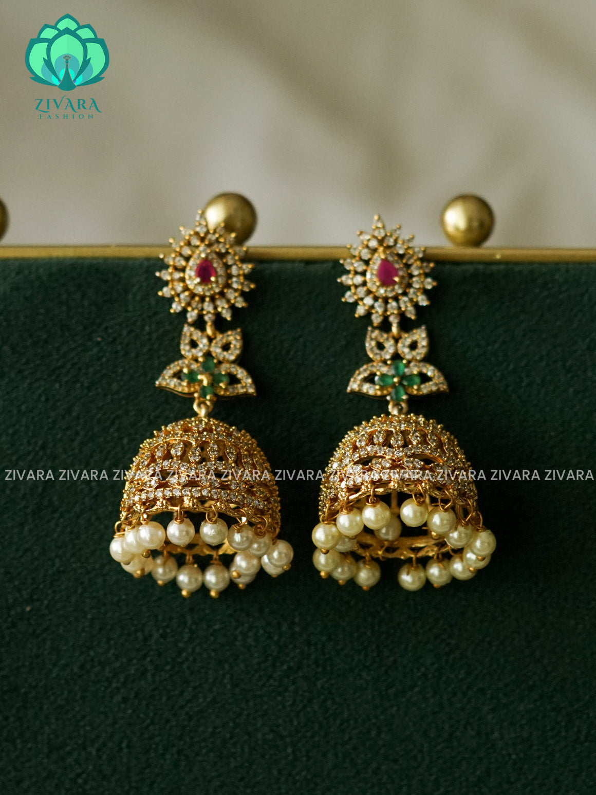 Ruby and green stone  Medium sized - TRADITIONAL PREMIUM MATTE  polish JHUMKA- latest jewellery collection- zivara fashion