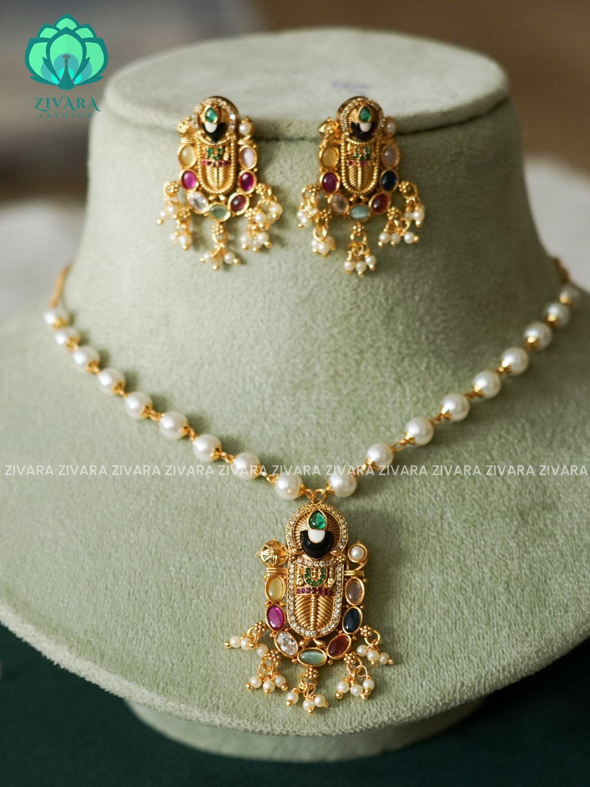 THIRUMAL PENDANT WITH  PEARL CHAIN WITH EARRINGS -Trending office wear jewellery-Zivara fashion