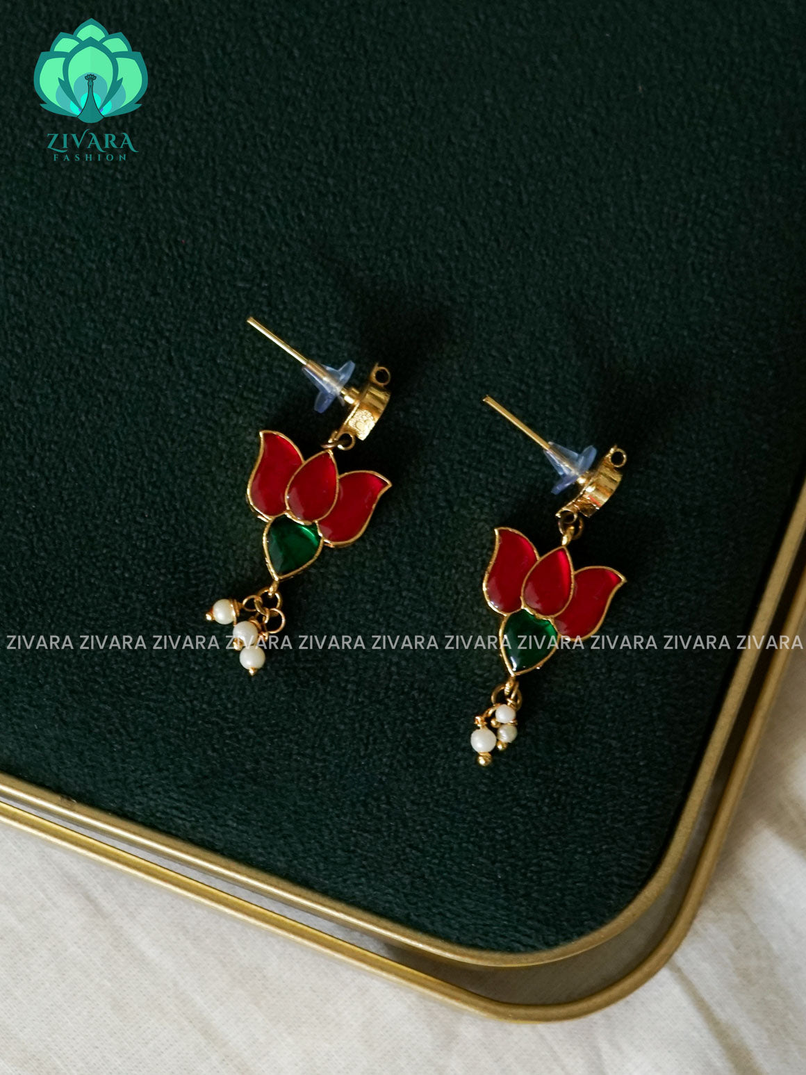 KAMALI -  PINK AND GREEN LOTUS EARINGS - Zivara Fashion - latest jewellery design
