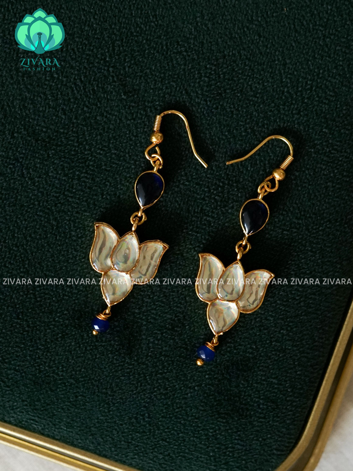 KAMALI - BLUE TEAR WITH WHITE LOTUS HOOK EARINGS - Zivara Fashion - latest jewellery design