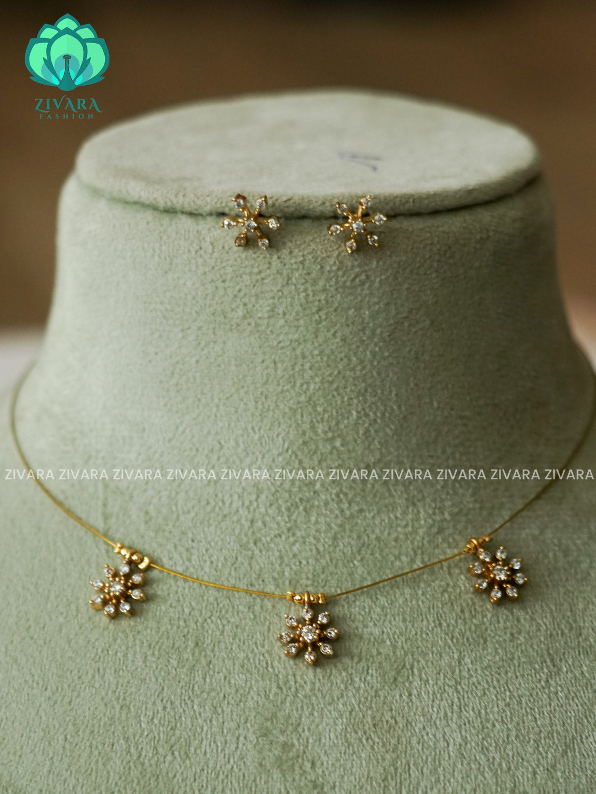 WHITE STONE - STAR   TAMARA INVISIBLE MINIMAL ELEGANT HANDMADE NECKLACE WITH BRILLIANT FINISH WITH EARRINGS- ZIVARA FASHION