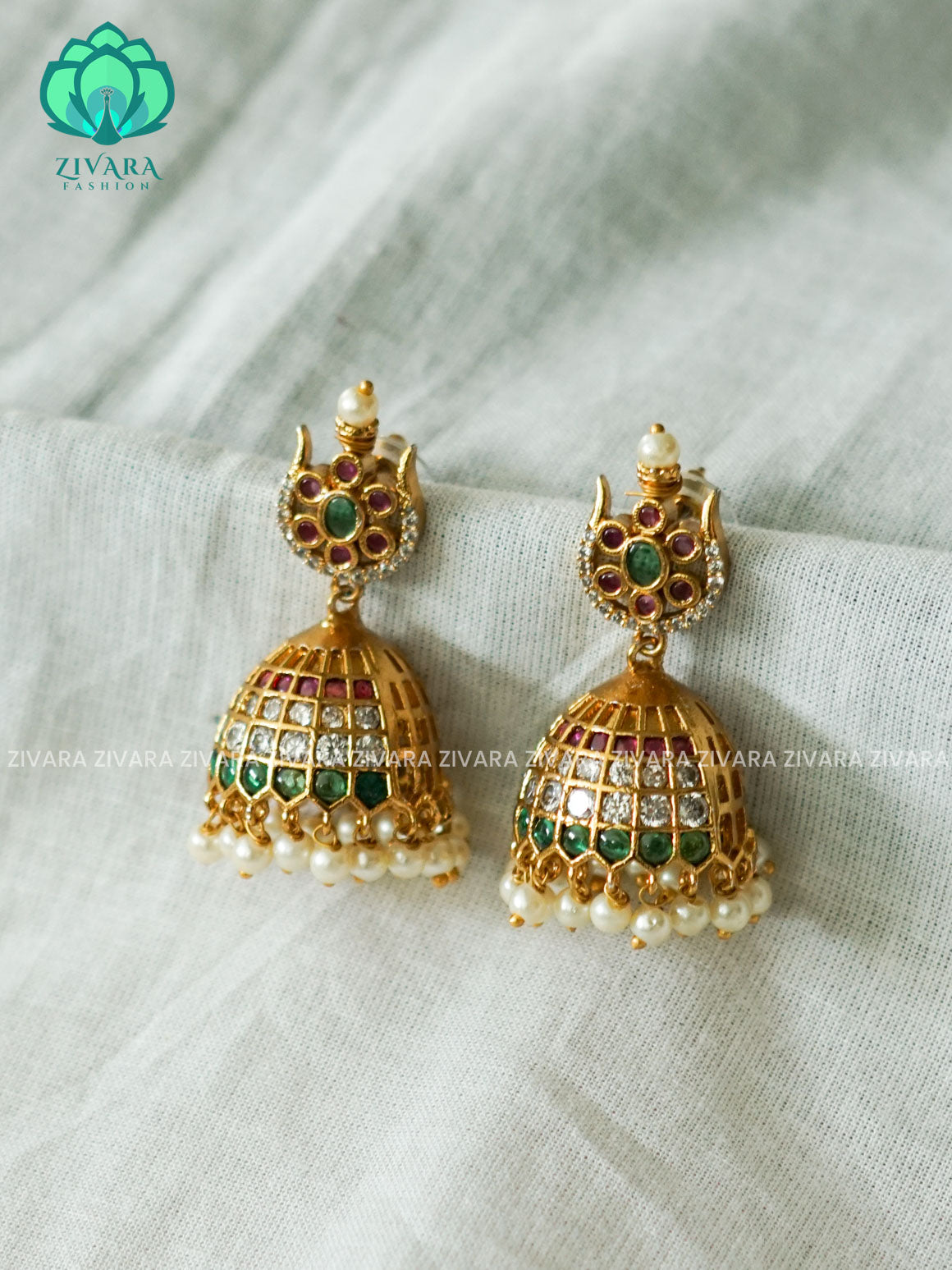 RUBY GREEN STONE JHUMKA- Bridal PREMIUM MATTE  polish JHUMKA- latest jewellery collection- zivara fashion