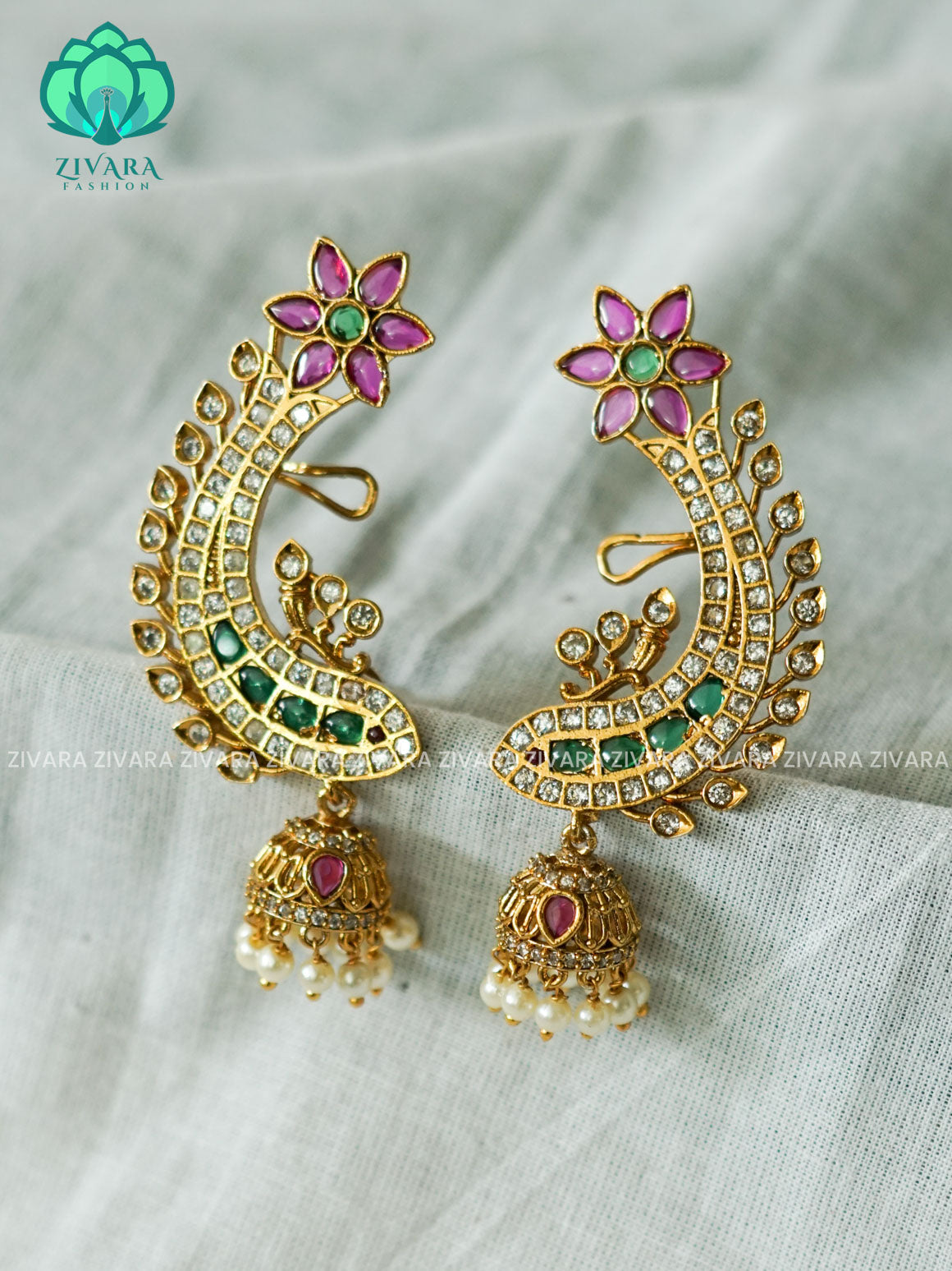 RUBY GREEN  FLOWER EARCUFF JHUMKA - latest jewellery collection- zivara fashion