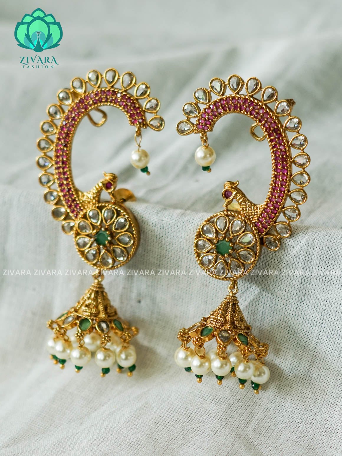 RUBY GREEN PEACOCK  EARCUFF JHUMKA - latest jewellery collection- zivara fashion
