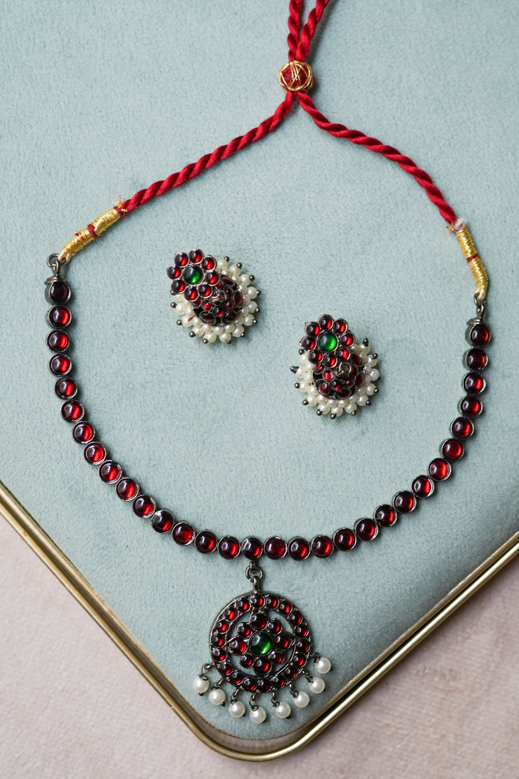RED AND GREEN BLACK - ARUDHRA - Simple kemp attigai neckwear with earings - latest kemp dance jewellery collection