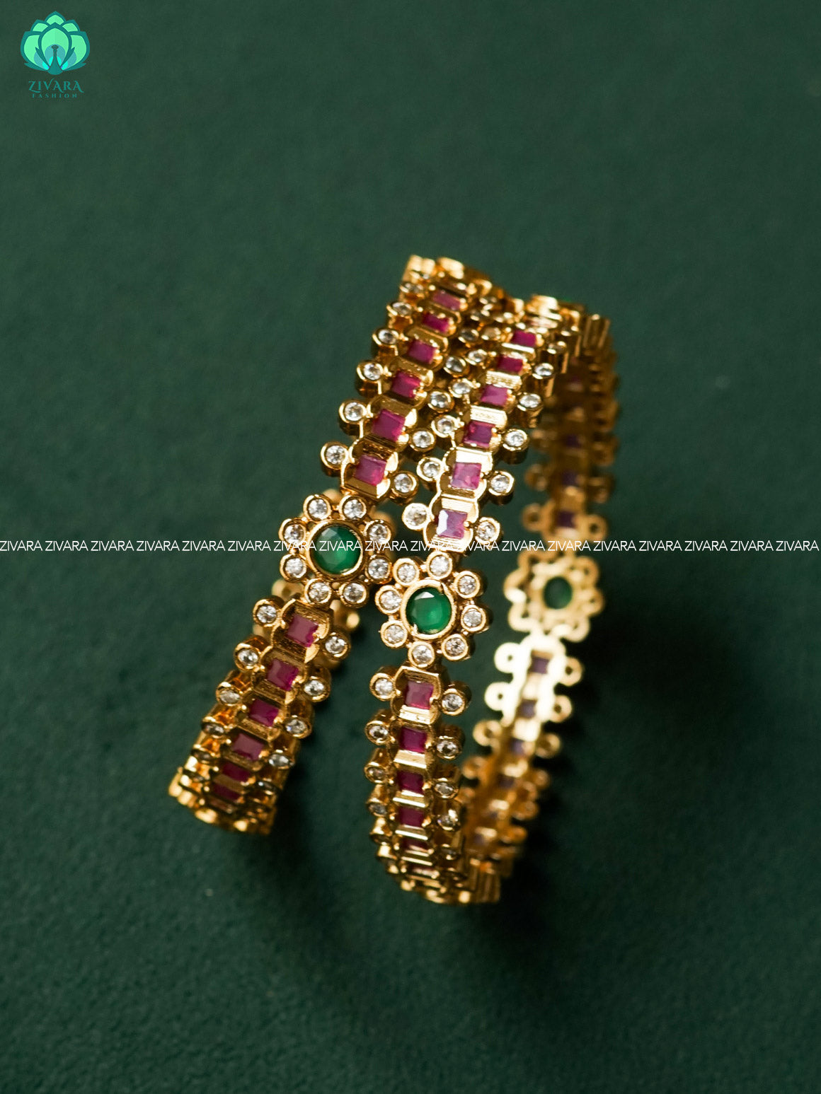 2 PIECE REAL KEMP STONE FLORAL BANGLE -  latest bangles design-zivara fashion