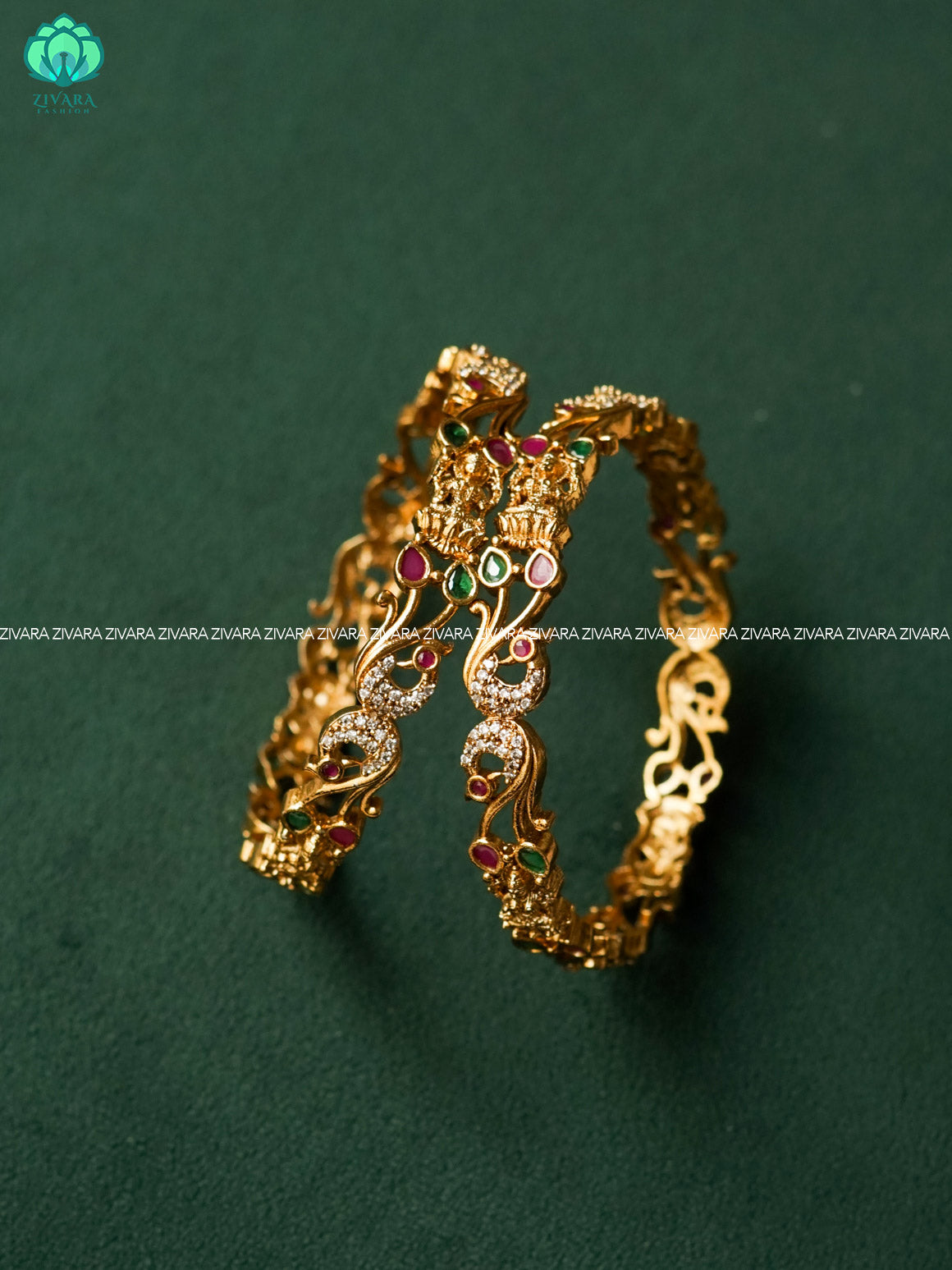 2 piece ruby green peacock temple premium matte finish bangles - latest jewellery collection - ZIVARA FASHION