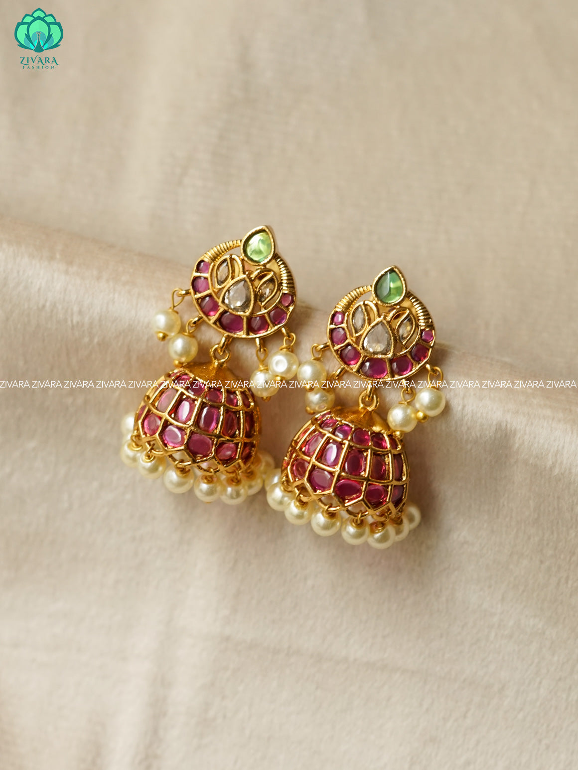 Ruby Green Semi Moon jhumkas - Bridal PREMIUM MATTE  polish JHUMKA- latest jewellery collection- zivara fashion