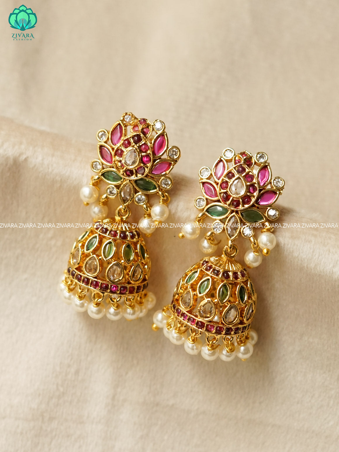 Meena -Latest design Real kemp lotus jhumka - Ruby & Green - TRADITIONAL PREMIUM MATTE polish JHUMKA- latest jewellery collection- zivara fashion