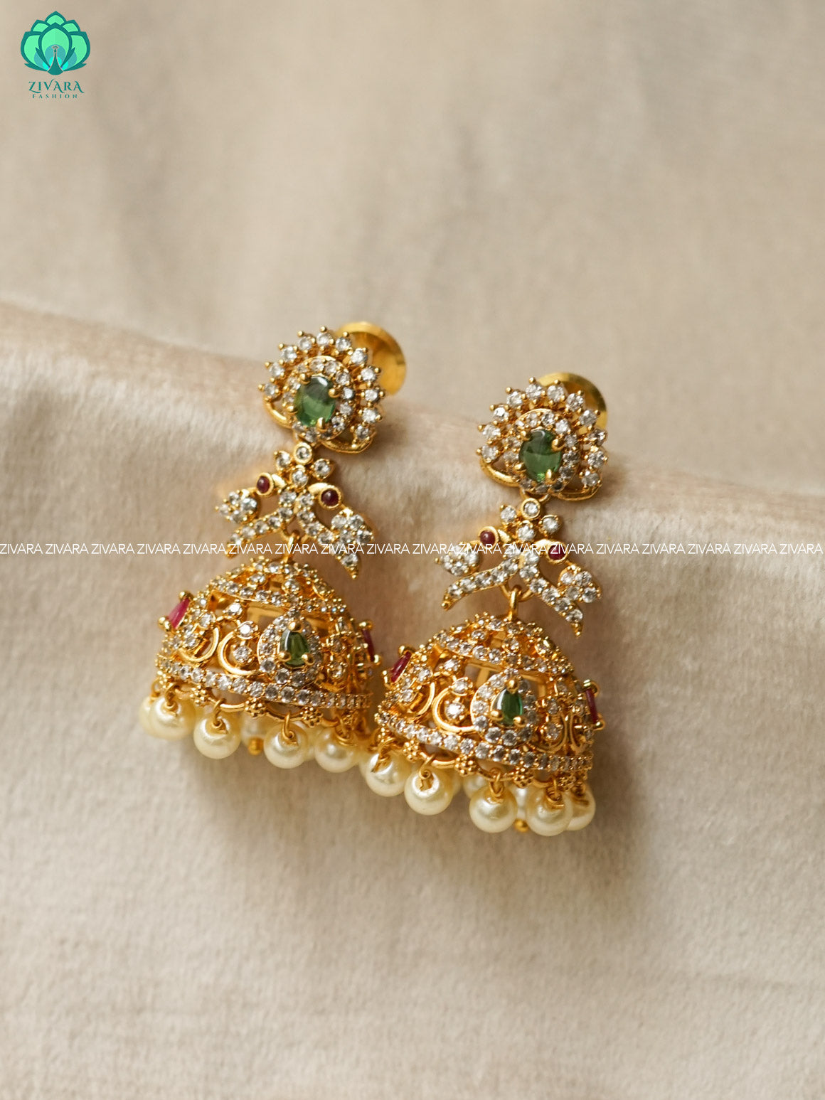Ruby and green stone peacock Medium sized - TRADITIONAL PREMIUM MATTE  polish JHUMKA- latest jewellery collection- zivara fashion