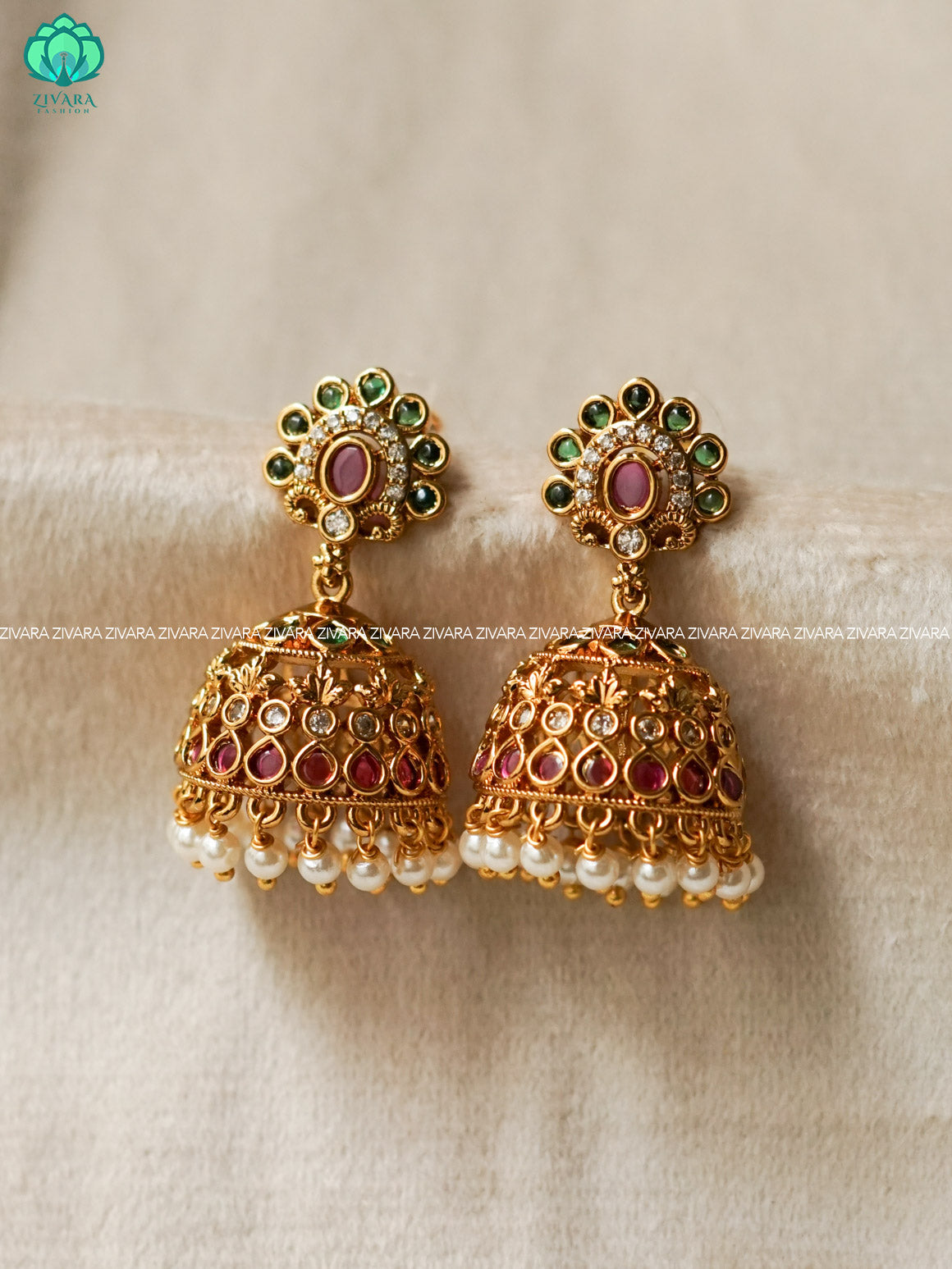 RUBY GREEN REAL KEMP STONE  JHUMKA- Bridal PREMIUM MATTE  polish JHUMKA- latest jewellery collection- zivara fashion