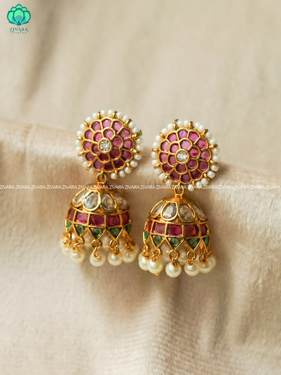 RUBY AND GREEN FLOWER MOTIF  jhumka - latest trending collection