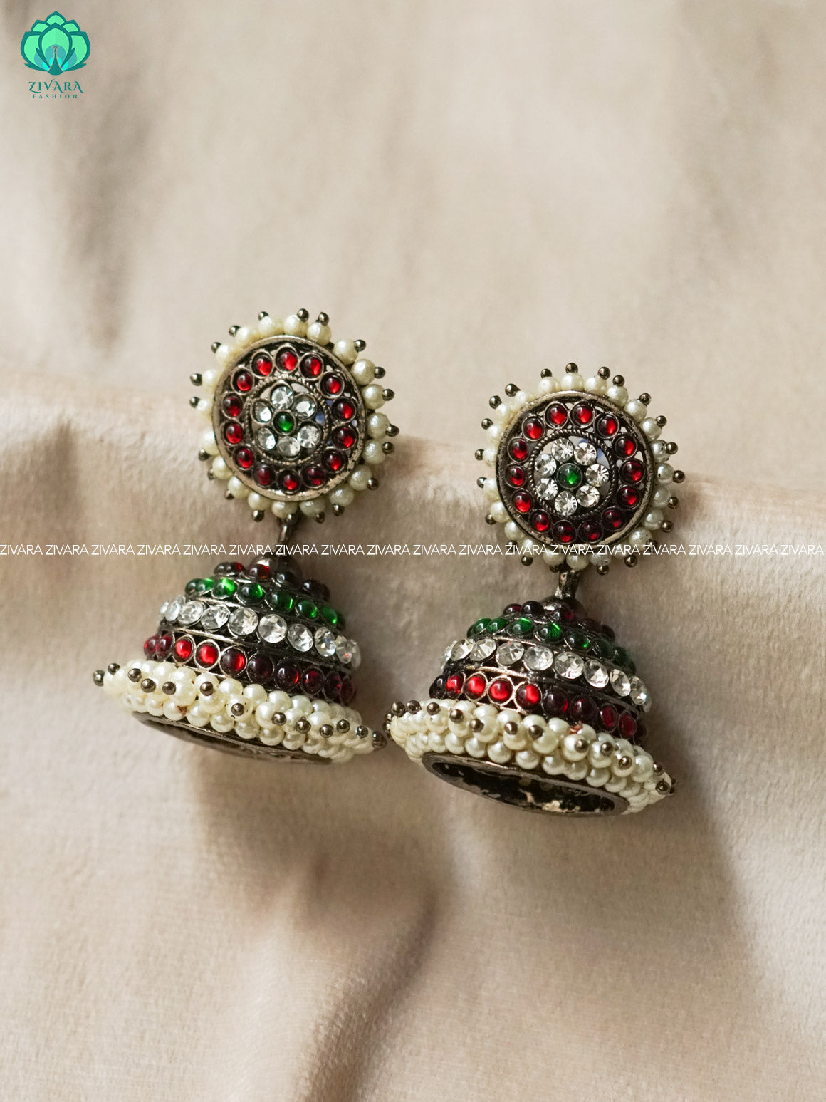 RED AND GREEN  - TRADITIONAL BLACK KEMP JHUMKA - latest kemp dance jewellery collection